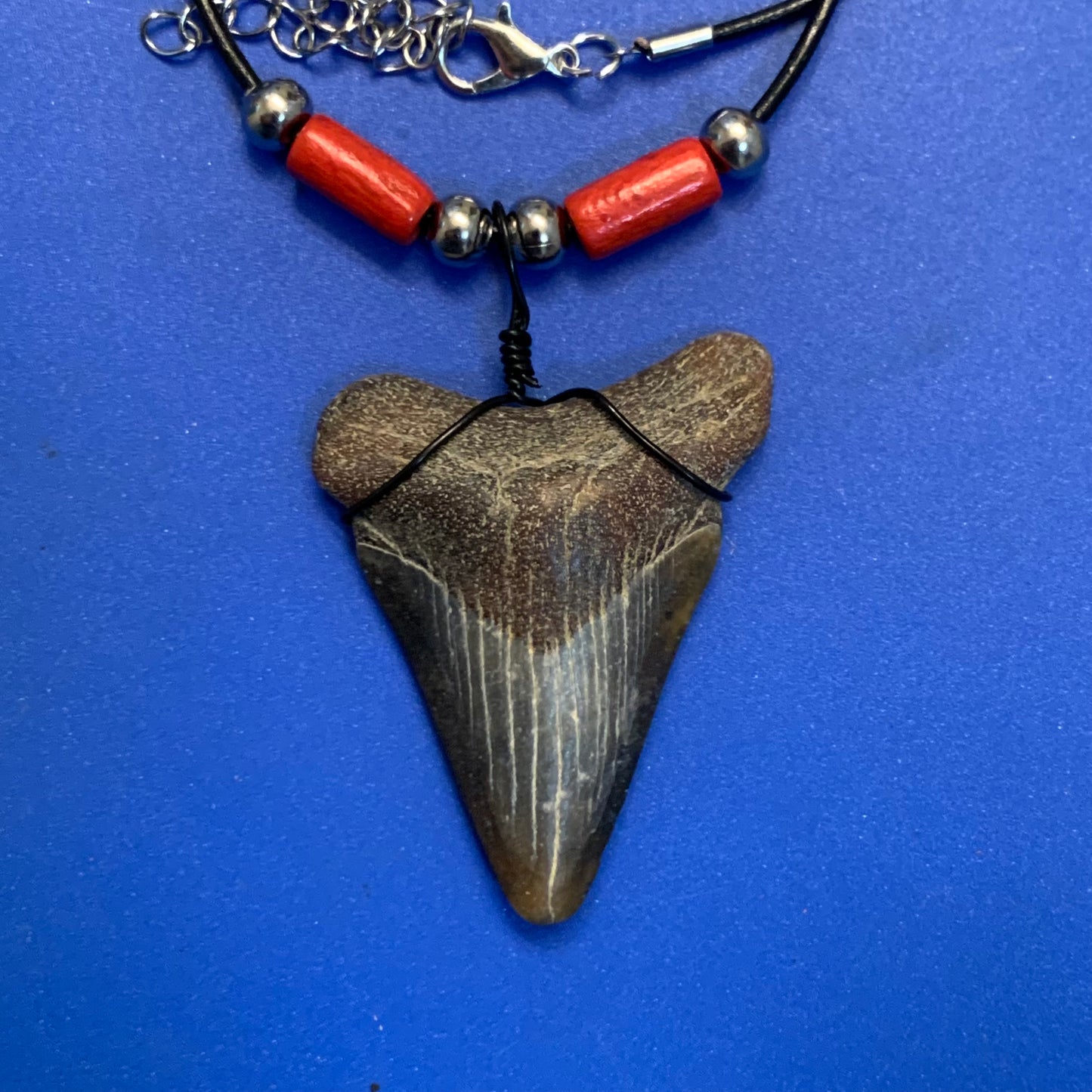 Real shark tooth necklace made from a fossil megalodon shark tooth pendant wrapped with black wire, hung on a black cotton cord with colorful beads