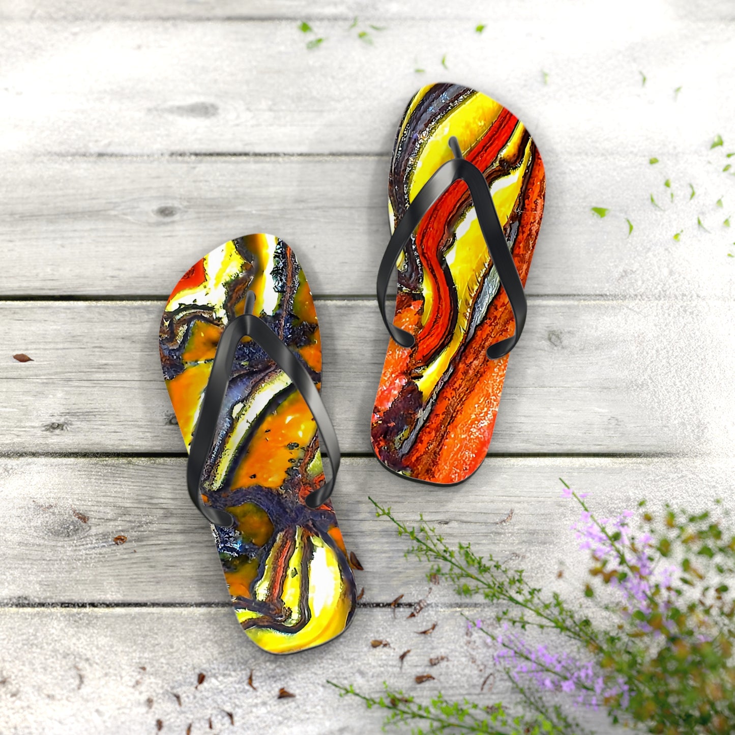 Vibrant Unisex Beachwear Flip Flops With Tie-dye Like Tiger Iron Patterns