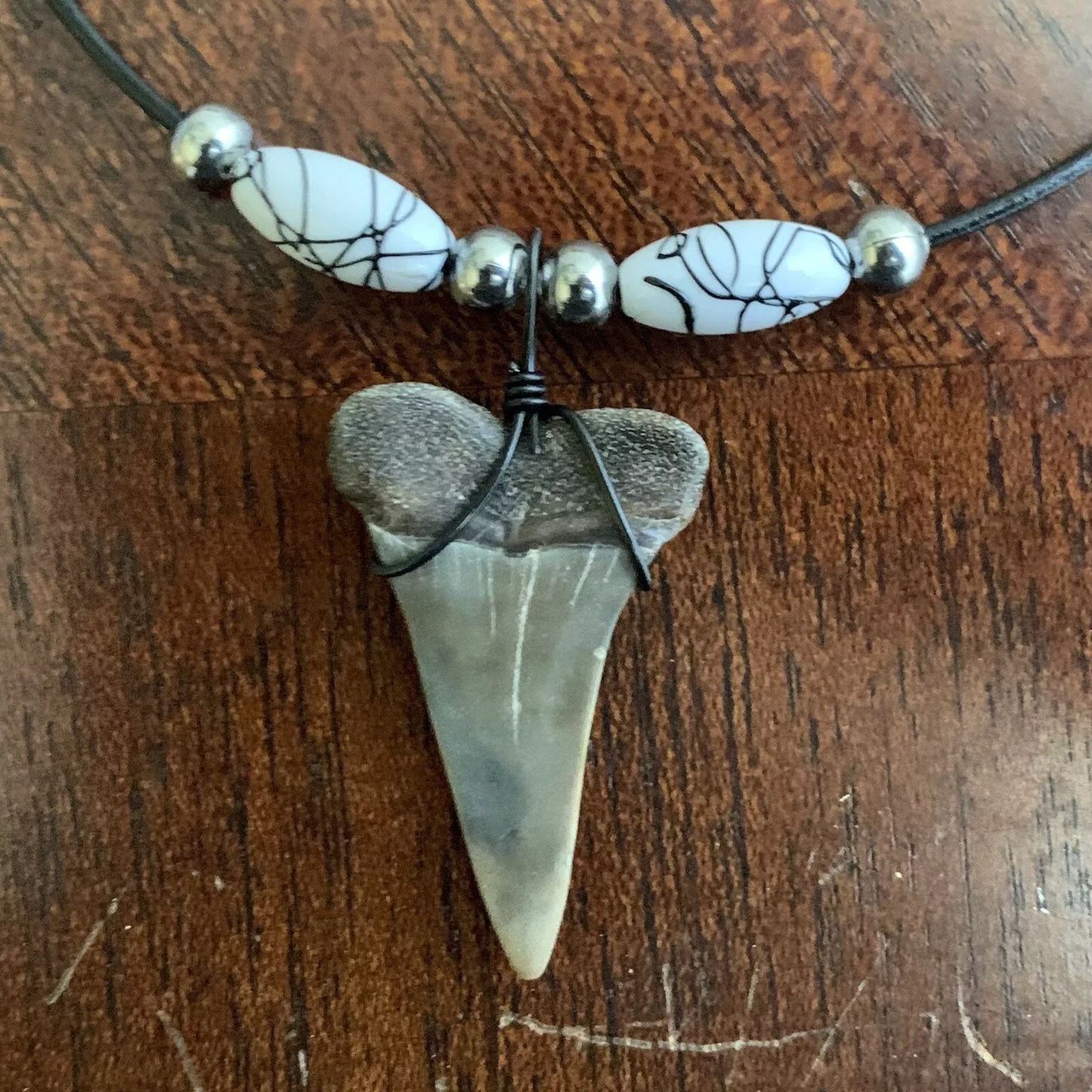 Real fossil Carcharodon hastalis shark tooth necklace on black cord, shark tooth pendant