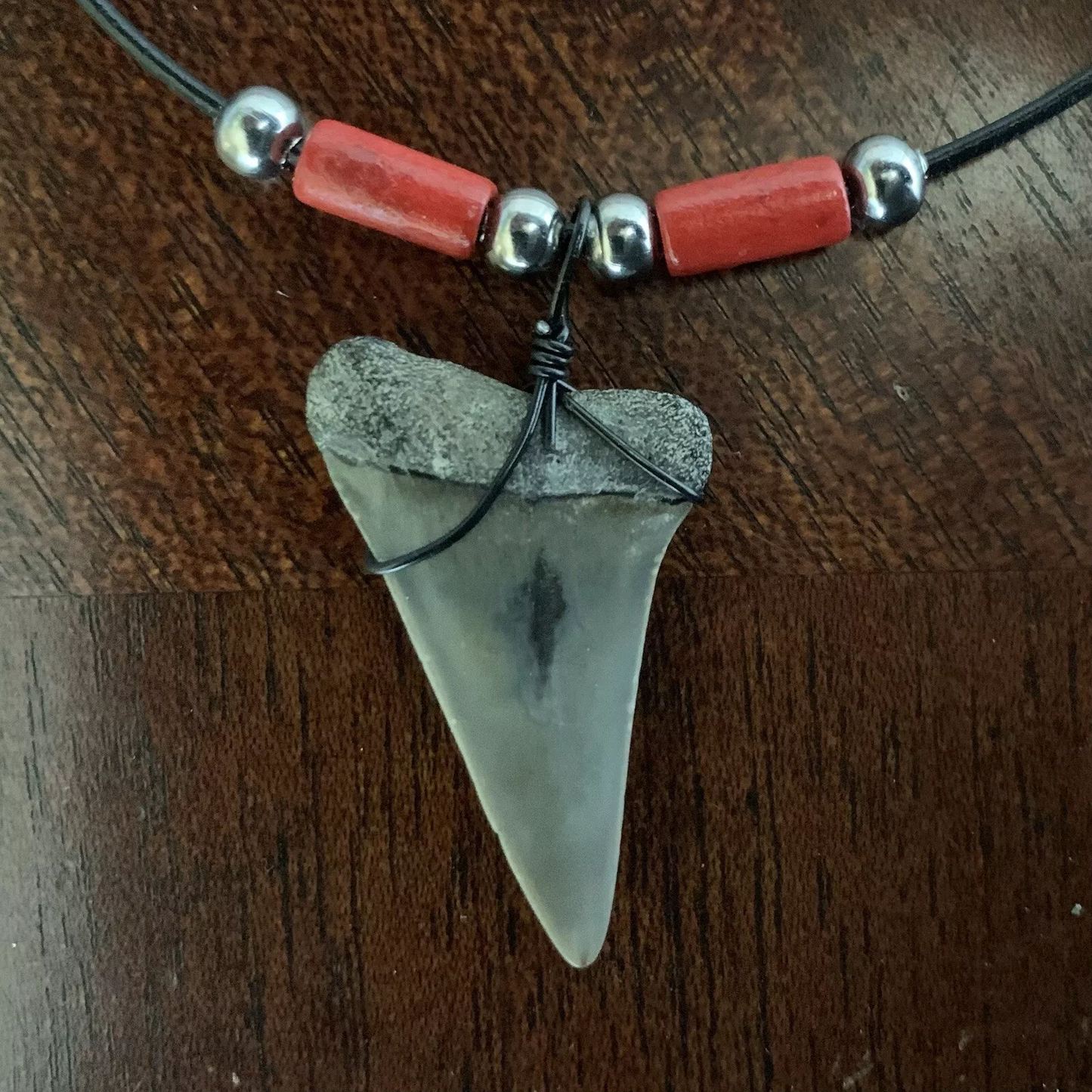 Real fossil Carcharodon hastalis shark tooth necklace on black cord, shark tooth pendant