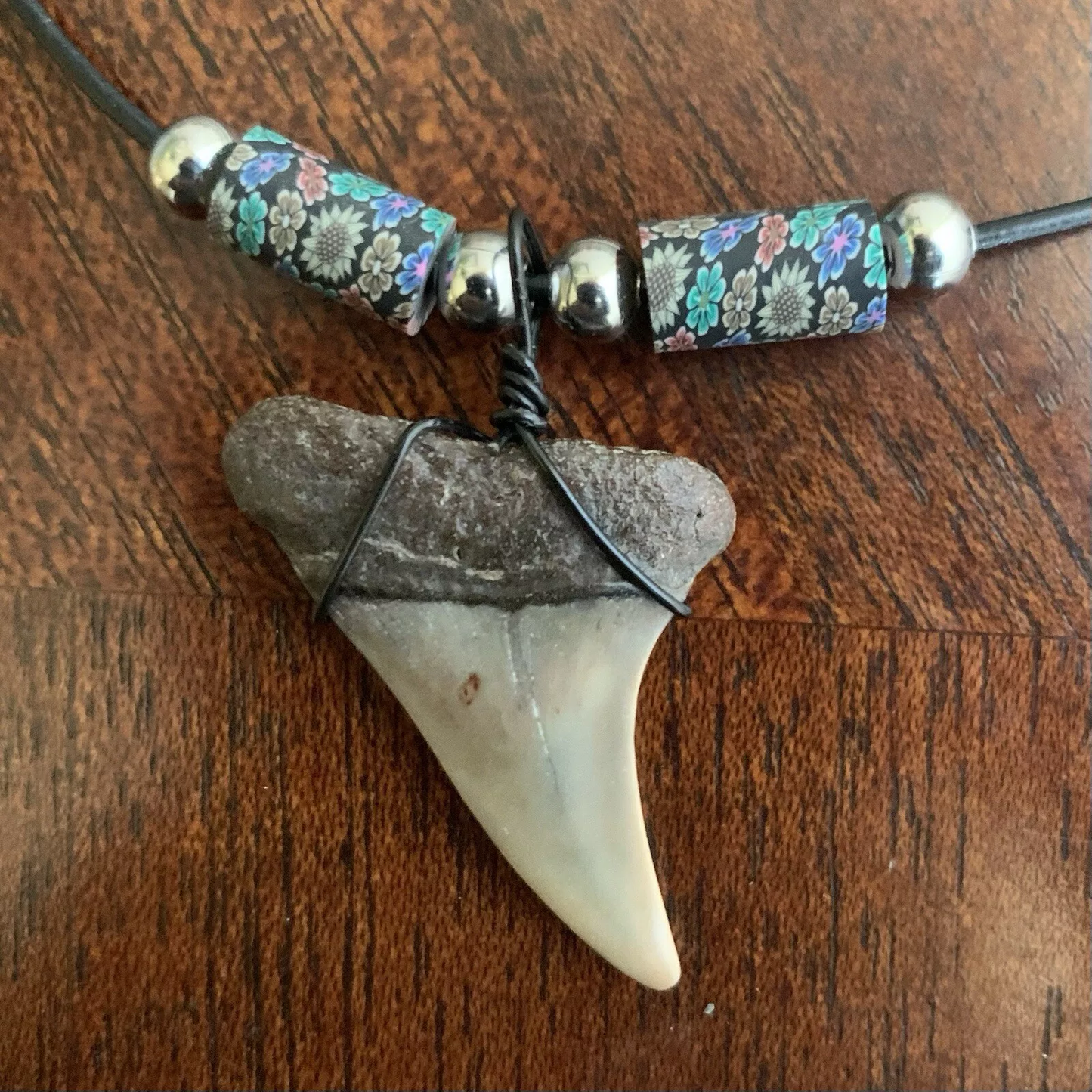 Real fossil Carcharodon hastalis shark tooth necklace on black cord, shark tooth pendant