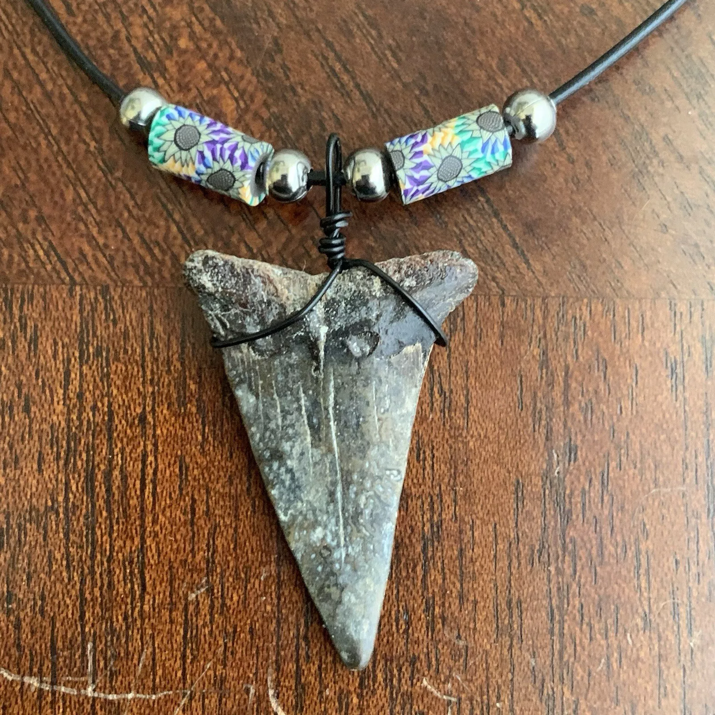 Real fossil Carcharodon hastalis shark tooth necklace on black cord, shark tooth pendant