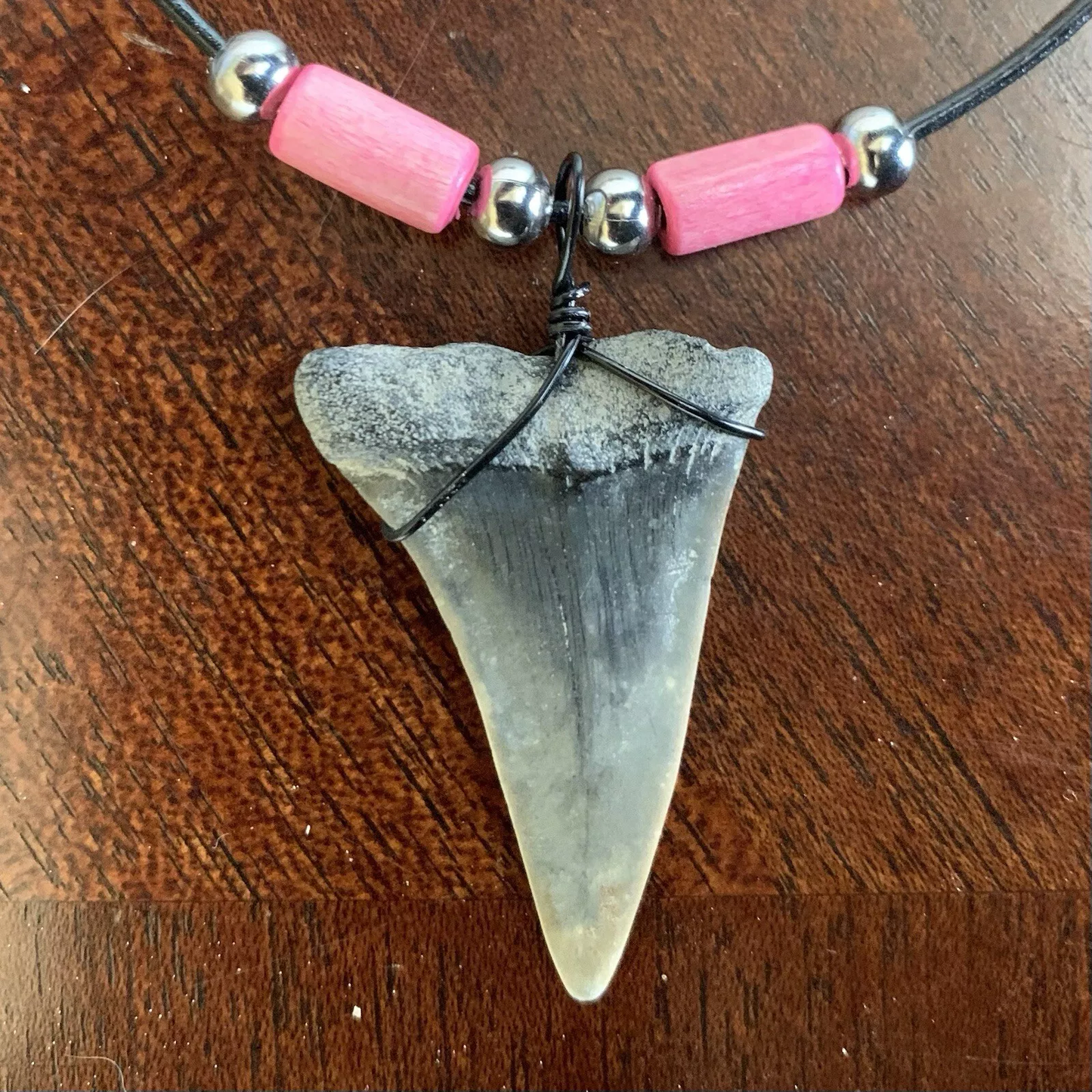 Real fossil Carcharodon hastalis shark tooth necklace on black cord, shark tooth pendant