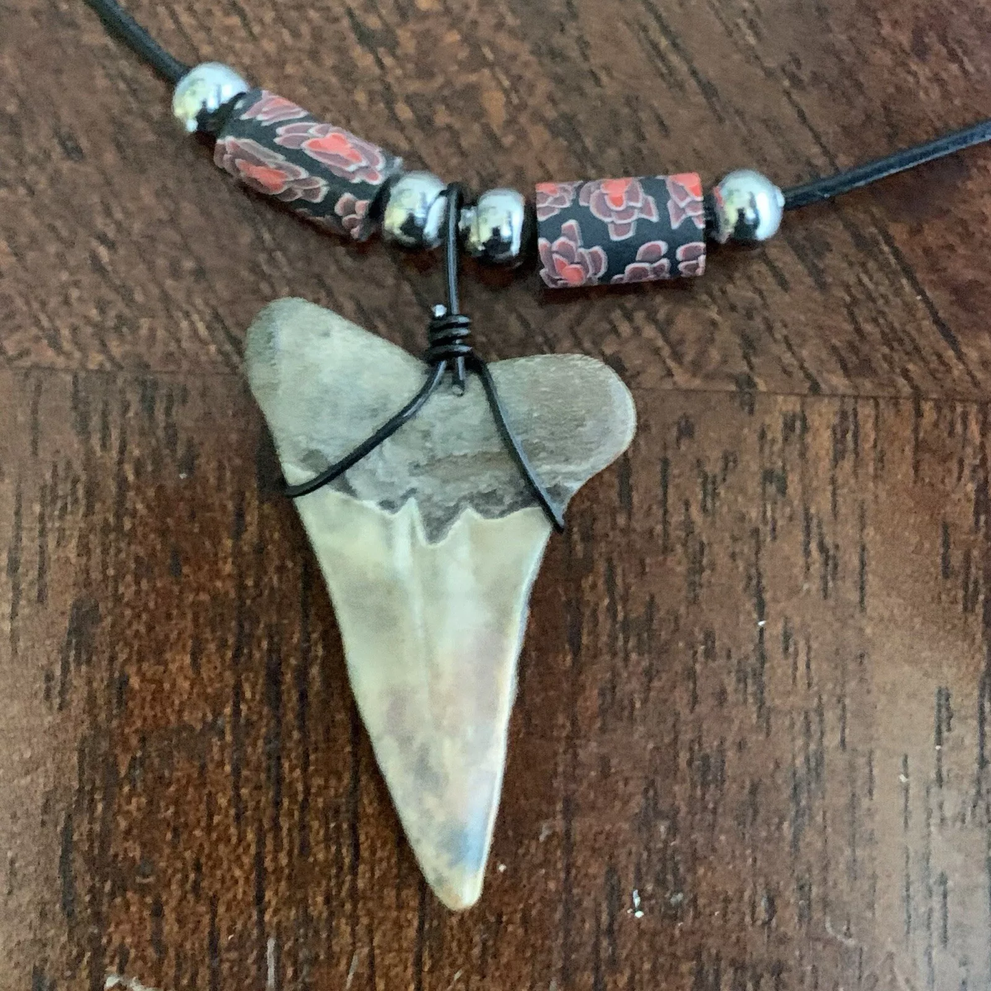 Real fossil Carcharodon hastalis shark tooth necklace on black cord, shark tooth pendant