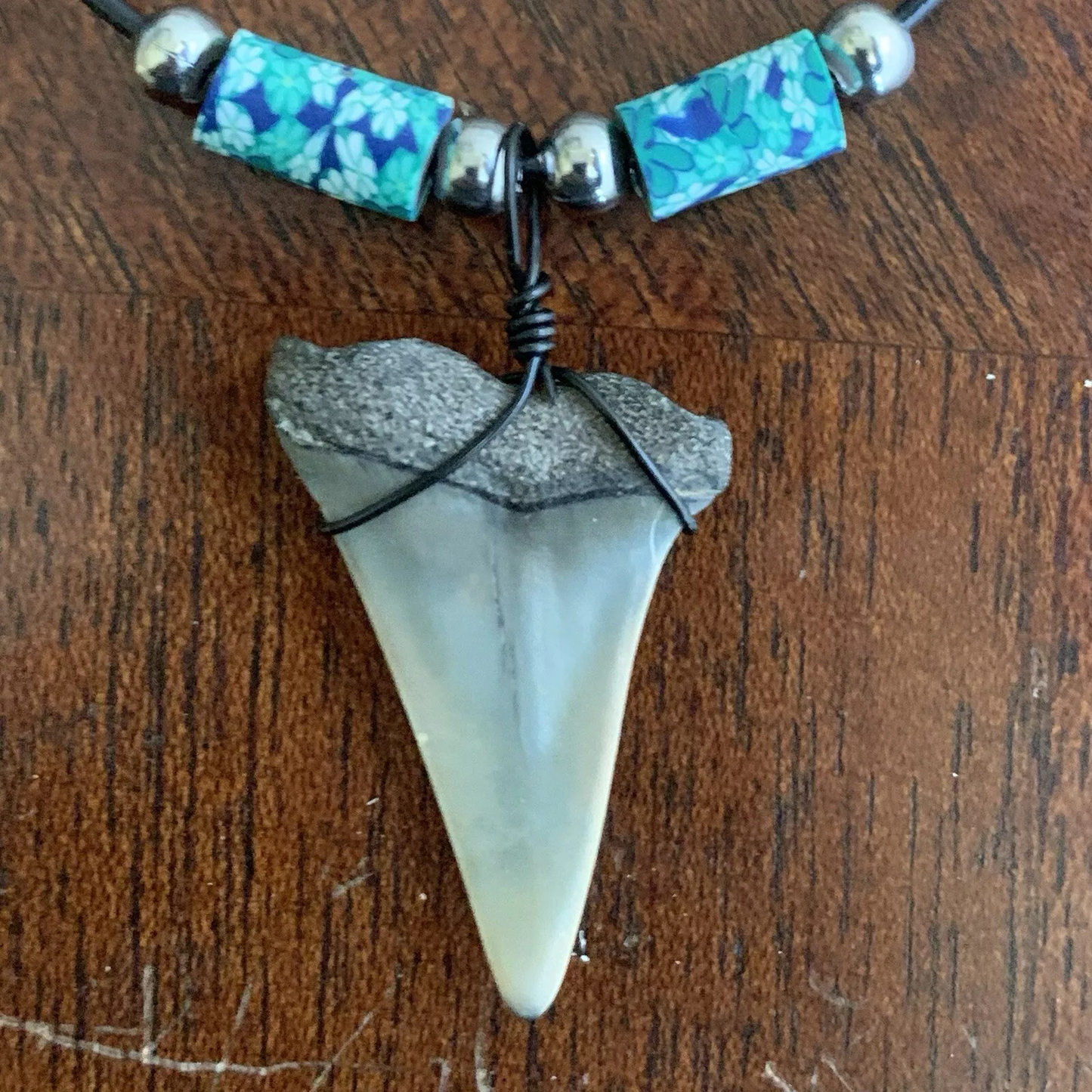 Real fossil Carcharodon hastalis shark tooth necklace on black cord, shark tooth pendant