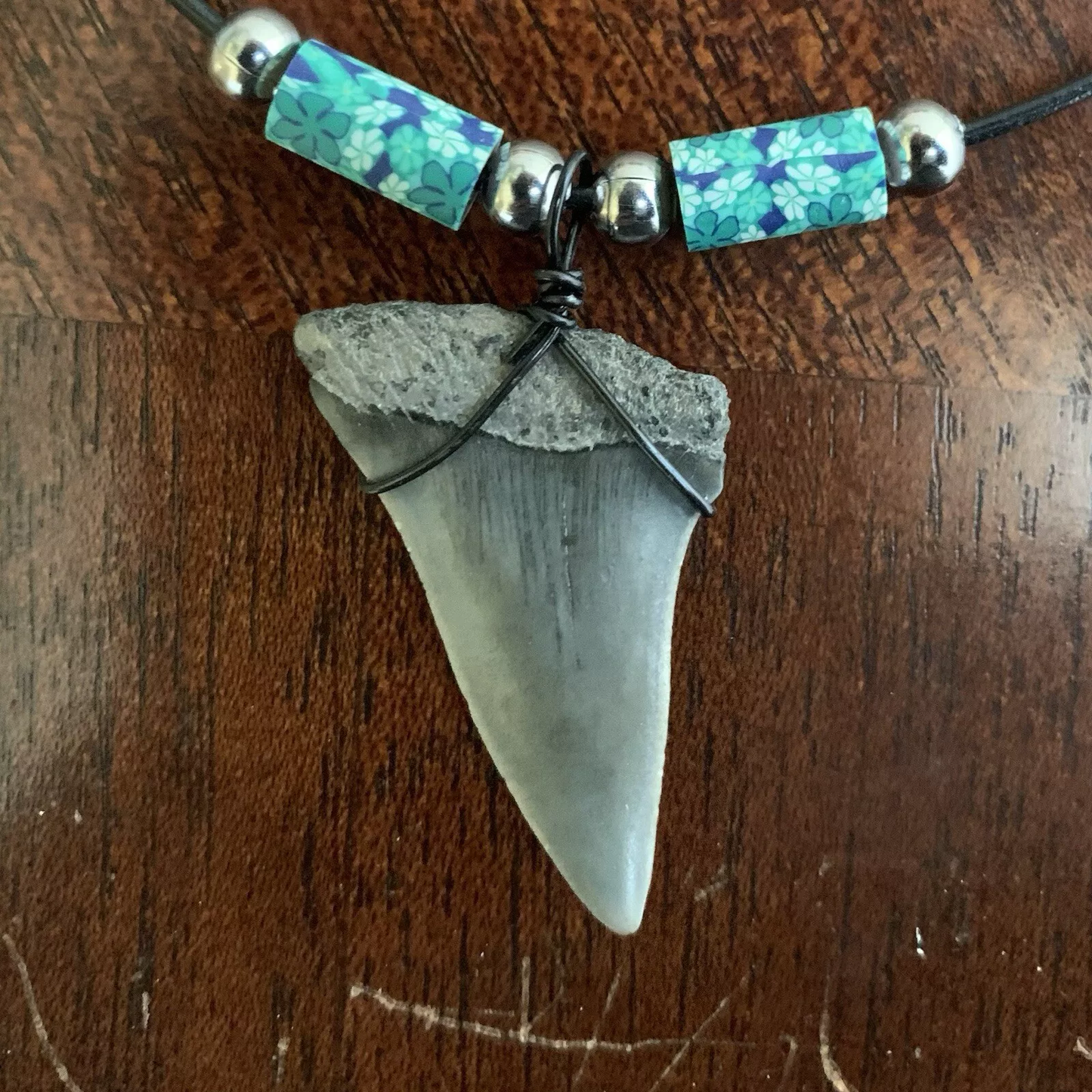 Real fossil Carcharodon hastalis shark tooth necklace on black cord, shark tooth pendant