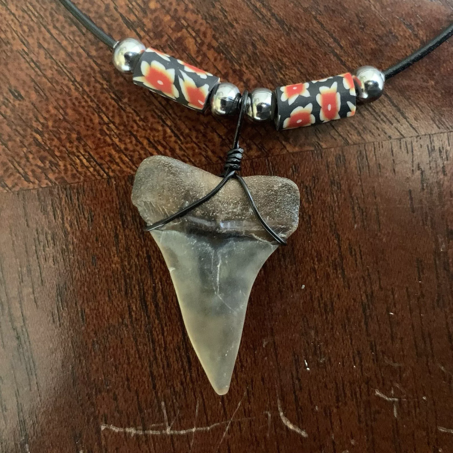 Real fossil Carcharodon hastalis shark tooth necklace on black cord, shark tooth pendant