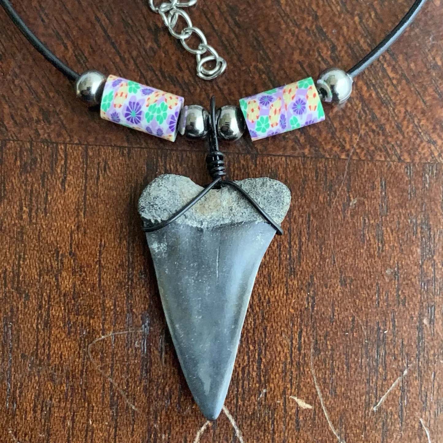 Real fossil Carcharodon hastalis shark tooth necklace on black cord, shark tooth pendant