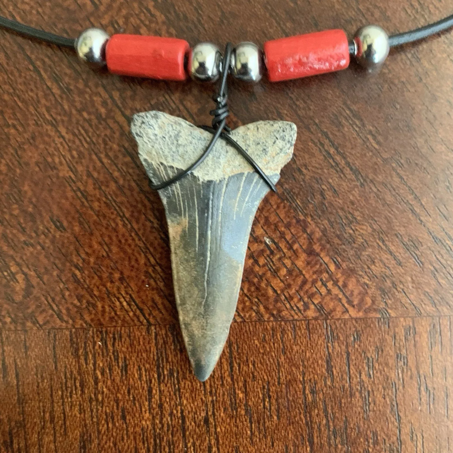 Real fossil Carcharodon hastalis shark tooth necklace on black cord, shark tooth pendant
