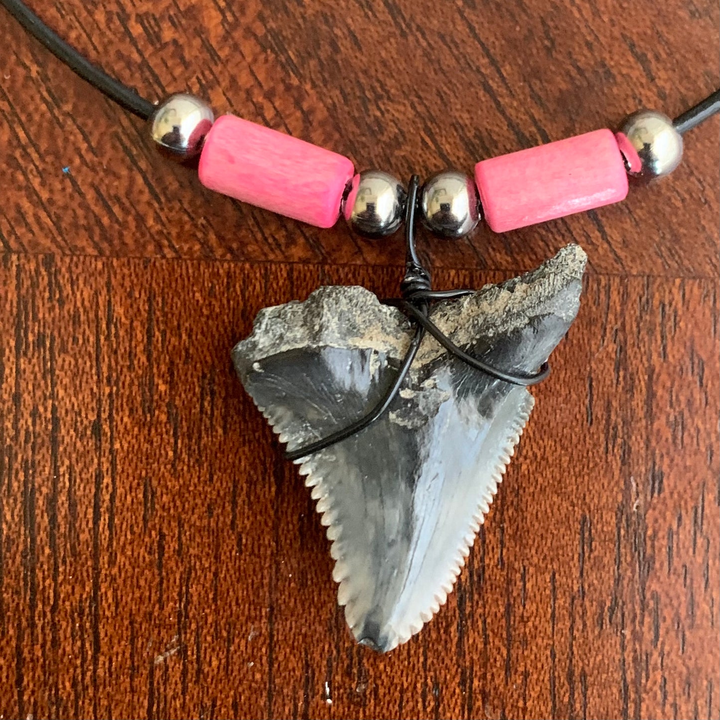 Real fossil Hemipristis serra, snaggle shark tooth necklace on black cord, shark tooth pendant