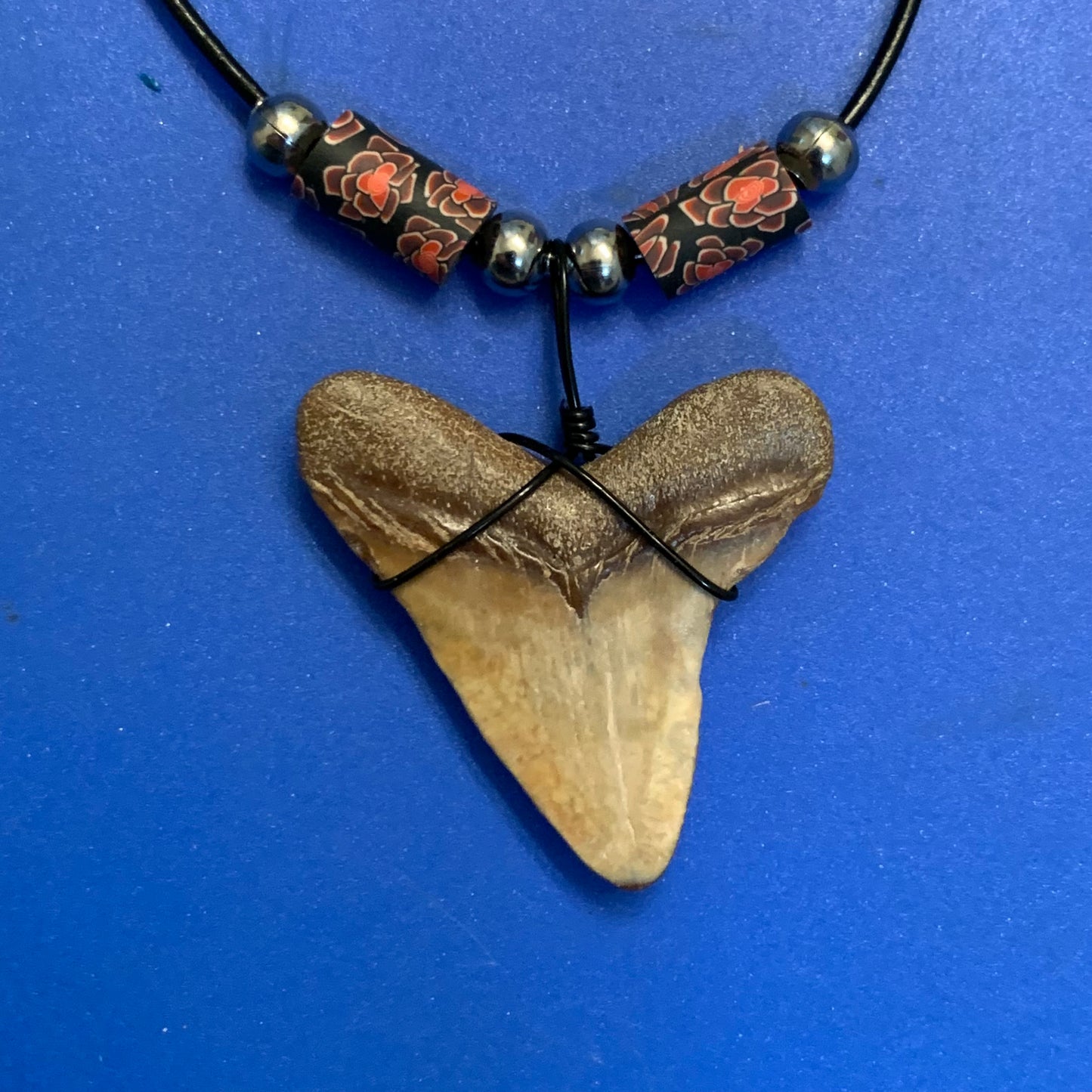 Real fossil megalodon shark tooth necklace on black cord, shark tooth pendant
