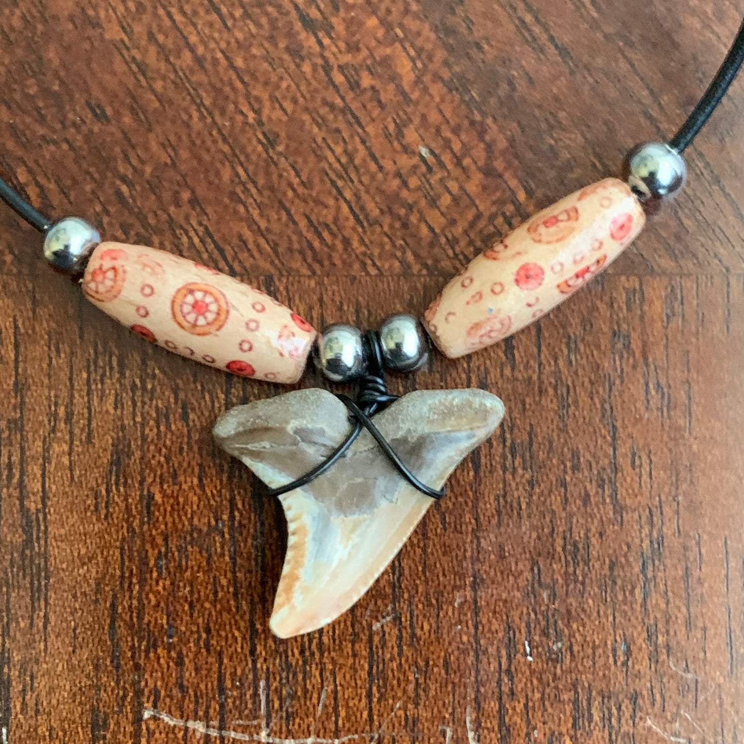 Real fossil Hemipristis serra, snaggle shark tooth necklace on black cord, shark tooth pendant