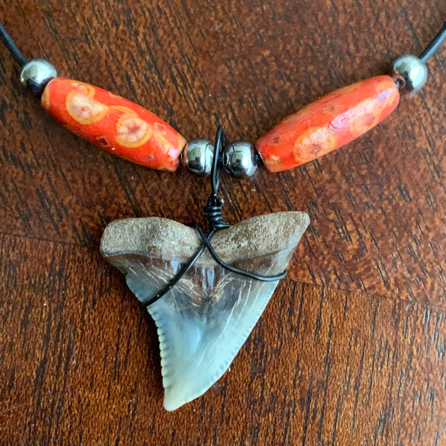 Real fossil Hemipristis serra, snaggle shark tooth necklace on black cord, shark tooth pendant