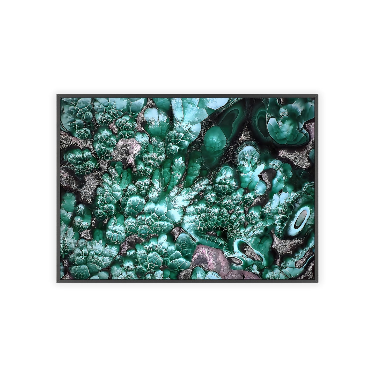 Abstract malachite stone art print. It's a colorful piece, showcasing the green gray and black of the piece. There is a black frame surrounding the unique picture.