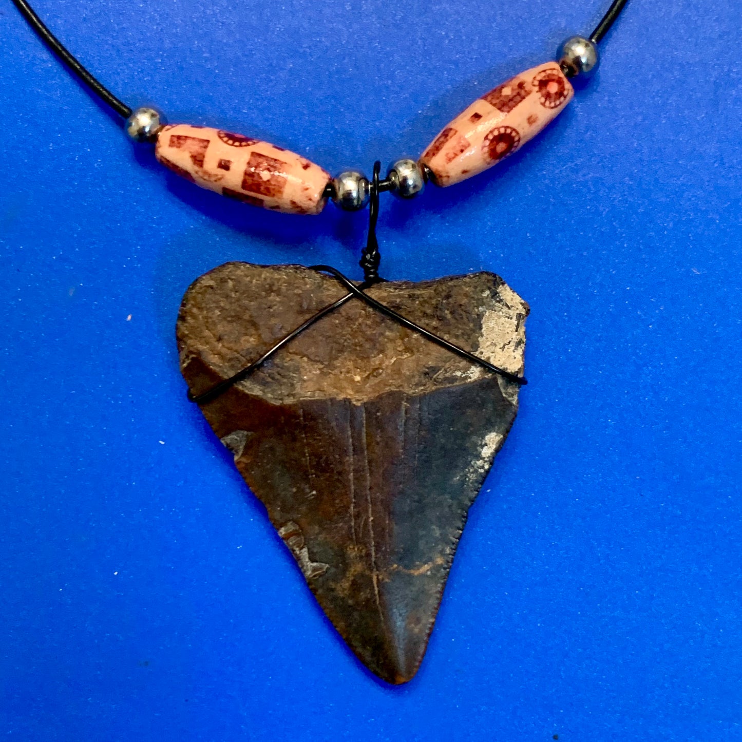 Real fossil megalodon shark tooth necklace on black cord, shark tooth pendant