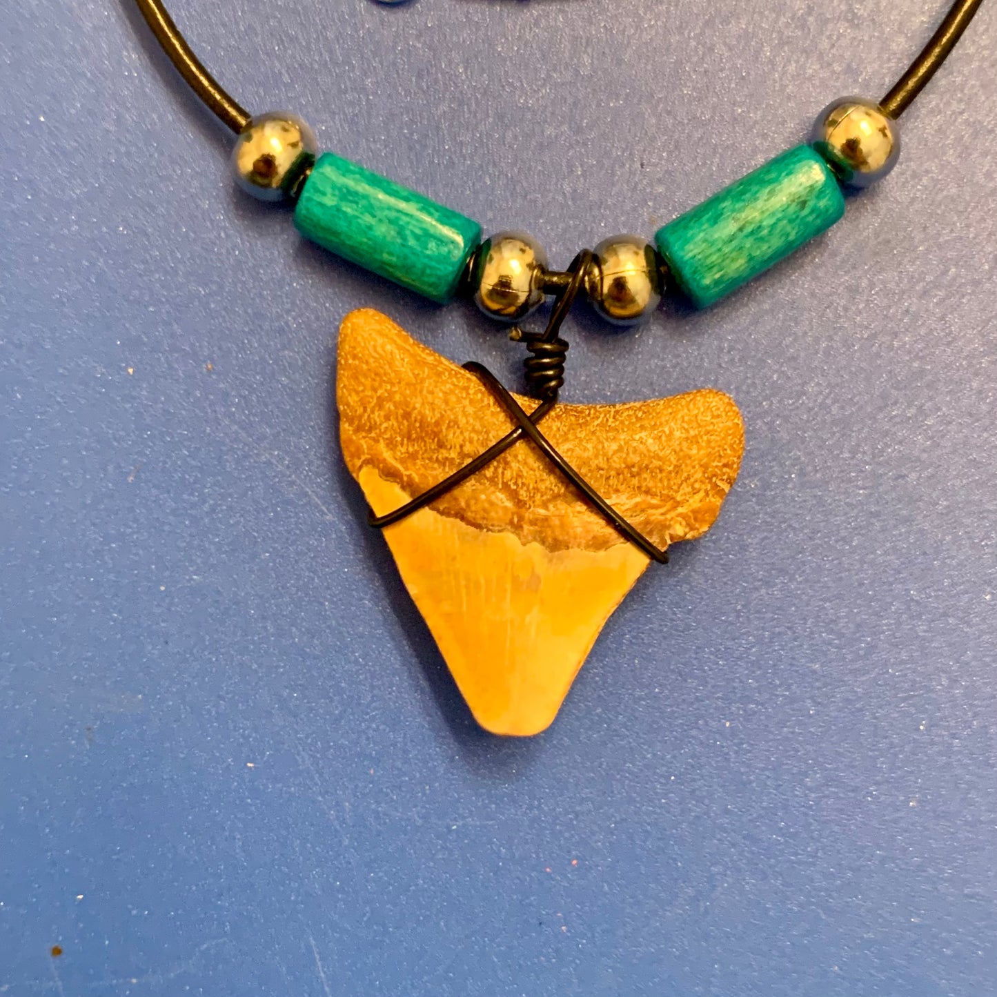 Real fossil megalodon shark tooth necklace on black cord, shark tooth pendant