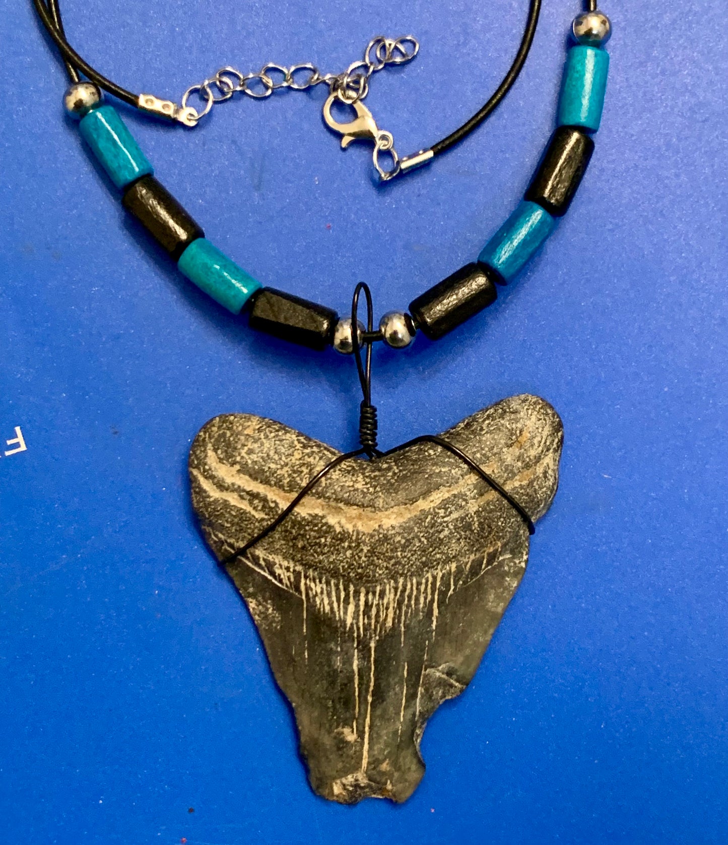 Real shark tooth necklace made from a fossil megalodon shark tooth pendant wrapped with black wire, hung on a black cotton cord with colorful beads
