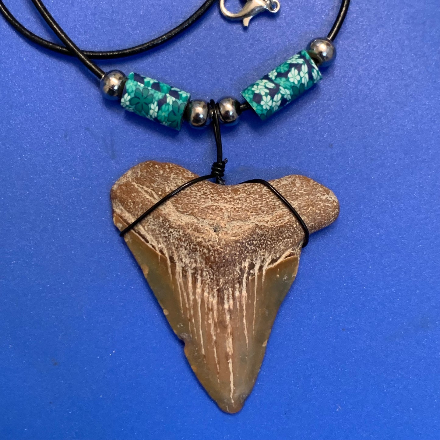 Real shark tooth necklace made from a fossil megalodon shark tooth pendant wrapped with black wire, hung on a black cotton cord with colorful beads