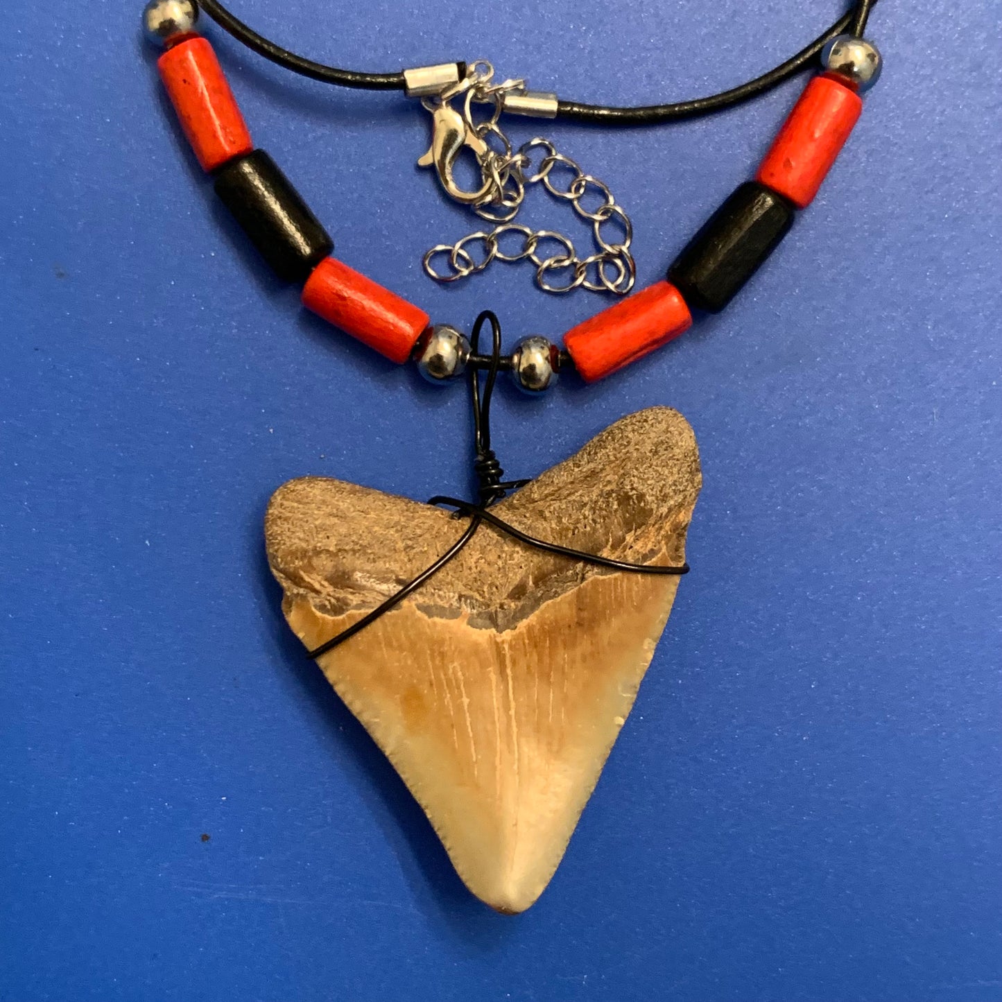 Real fossil megalodon shark tooth necklace on black cord, shark tooth pendant
