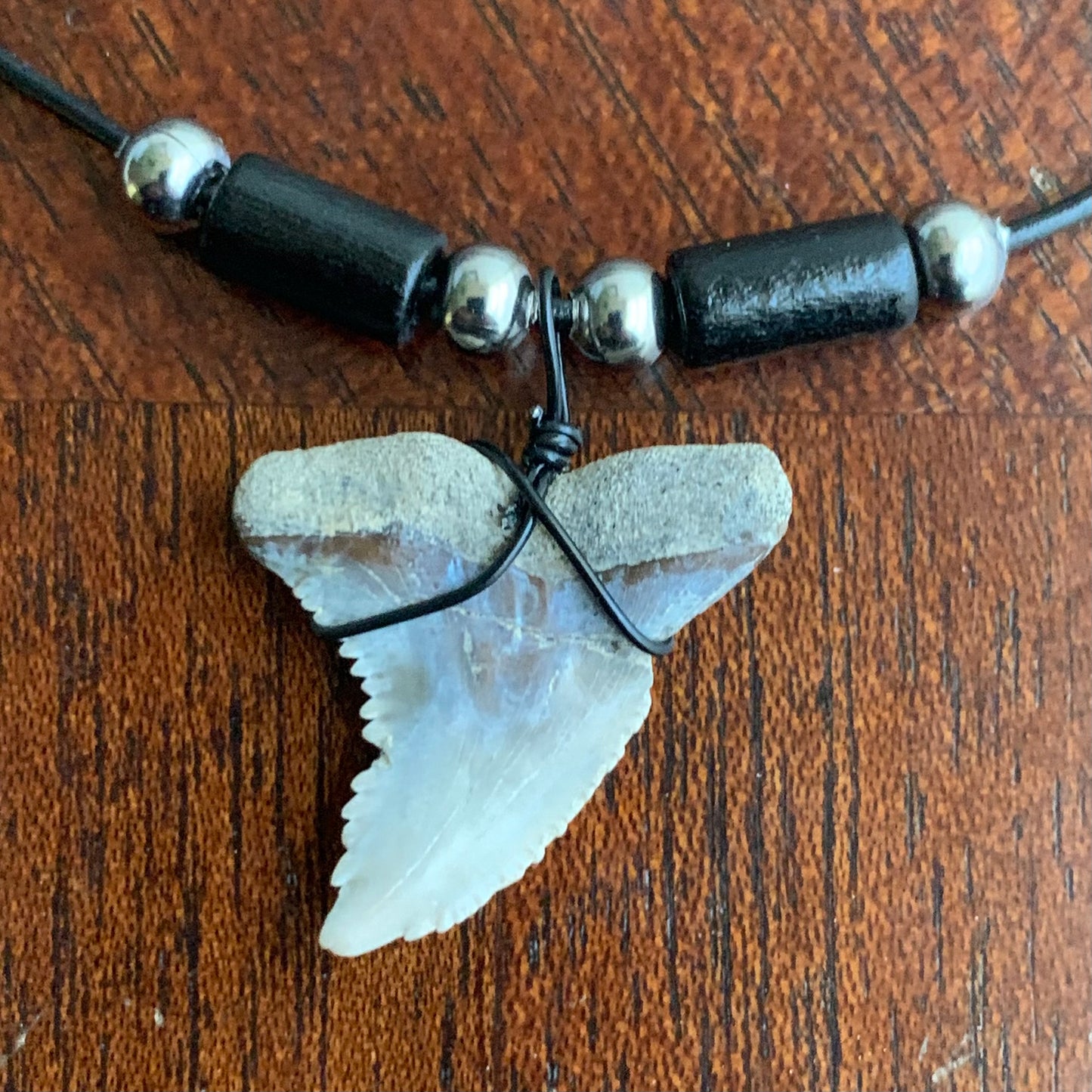 Real fossil Hemipristis serra, snaggle shark tooth necklace on black cord, shark tooth pendant