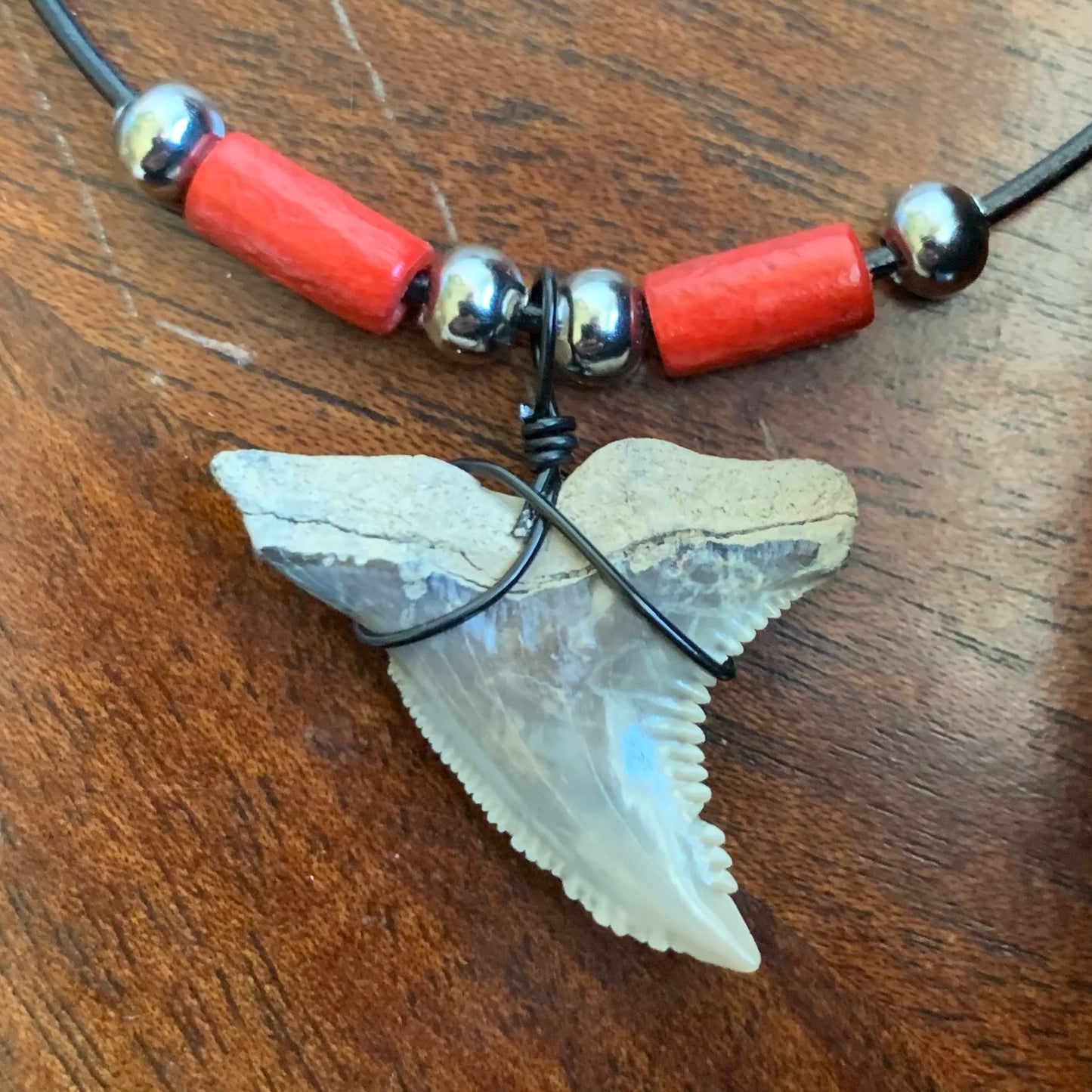 Real fossil Hemipristis serra, snaggle shark tooth necklace on black cord, shark tooth pendant