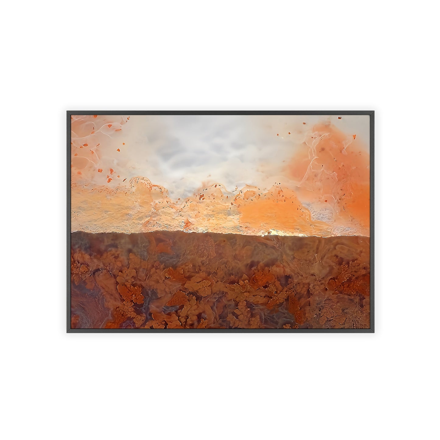 Abstract plume agate stone art print. It's a colorful piece, showcasing the orange, white and brown of the piece. There is a black frame surrounding the unique picture.