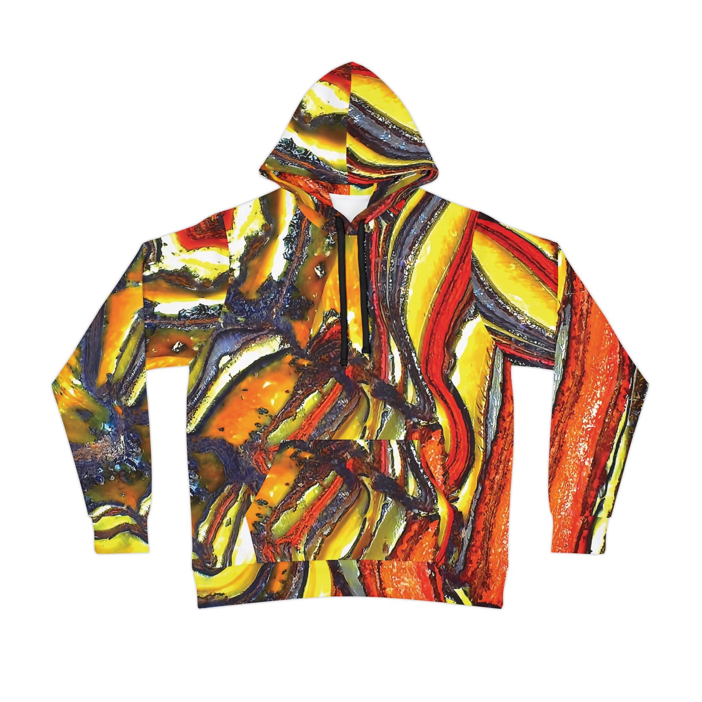 Unique folded and faulted tiger iron stone art hoodie, unisex hooded sweatshirt for men and women. Colorful Red, yellow and black tie die like patterns