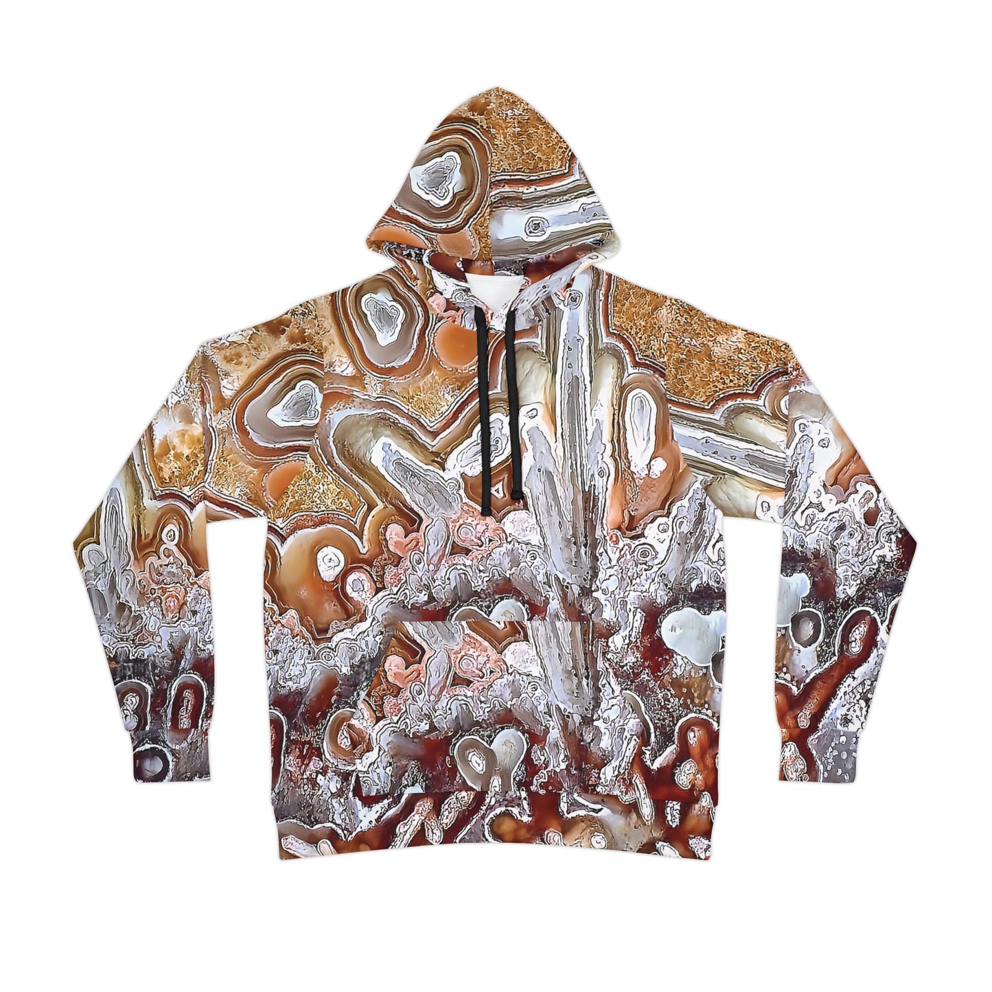 Unique lacyagate stone art hoodie, unisex hooded sweatshirt for men and women. Colorful red, orange and white tie die like patterns
