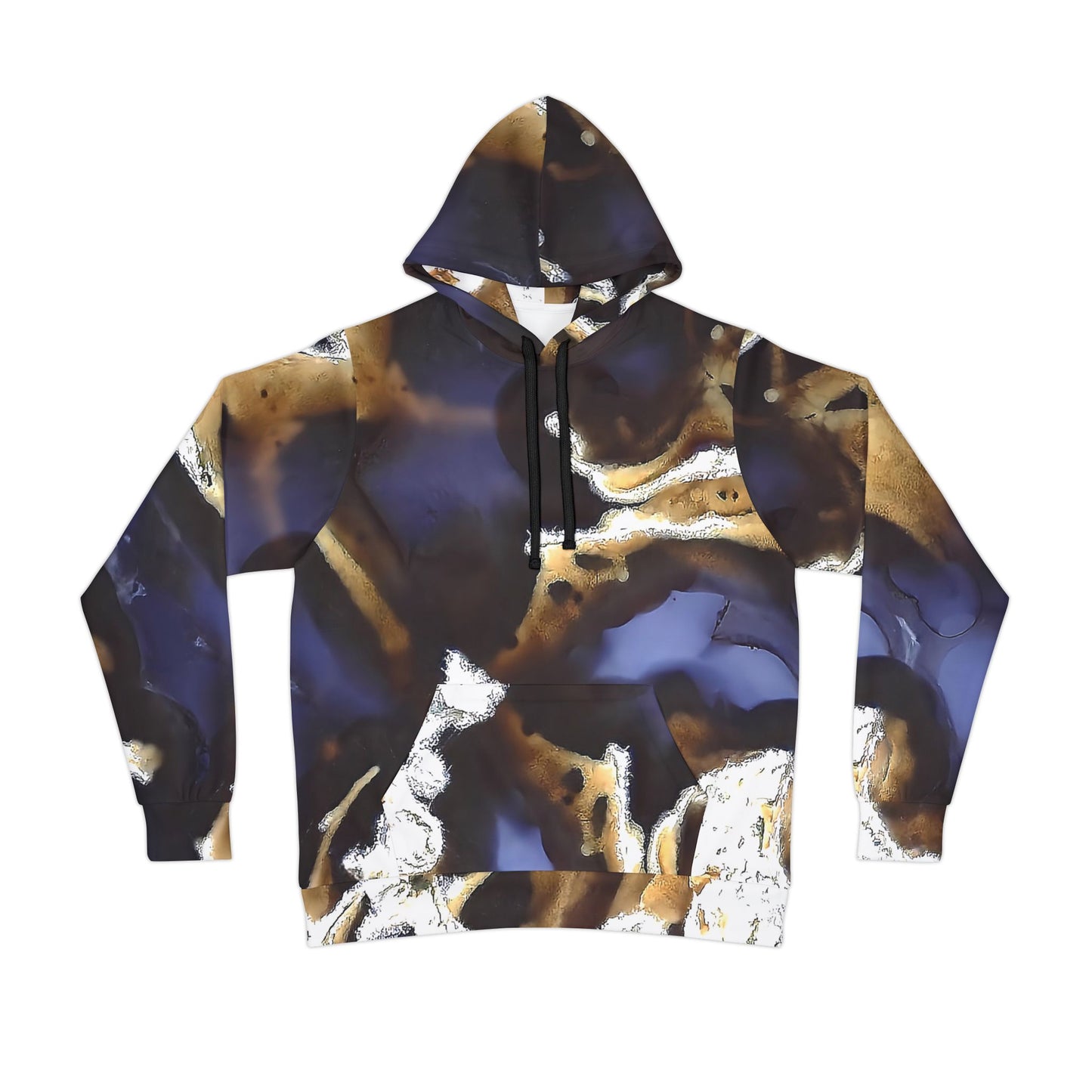 Unique moss agate thunder egg stone art hoodie, unisex hooded sweatshirt for men and women. Colorful purple, black and gold tie die like patterns