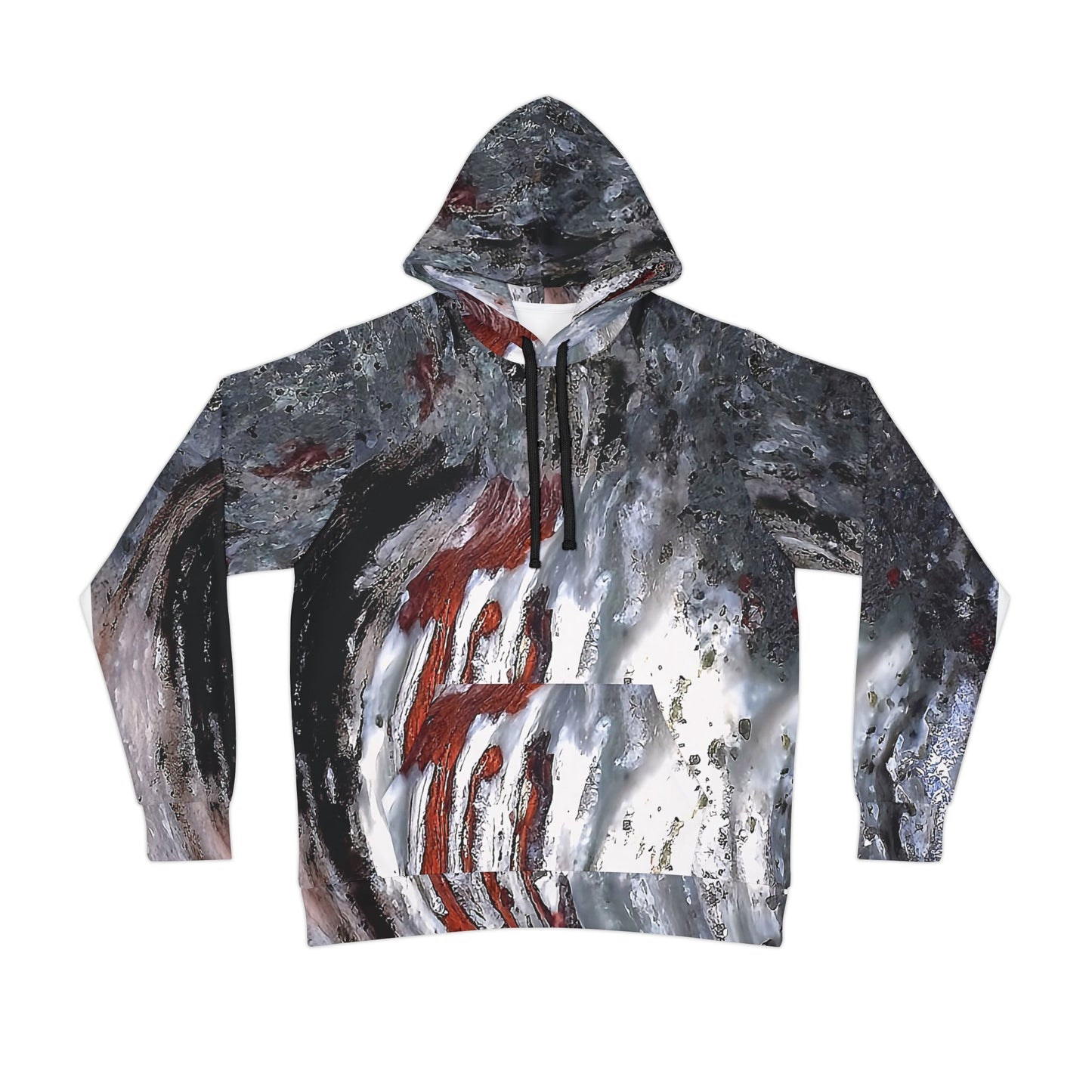 Unique stromatolite collenia undosa art hoodie, unisex hooded sweatshirt for men and women. Colorful grey, white and red tie die like pattern