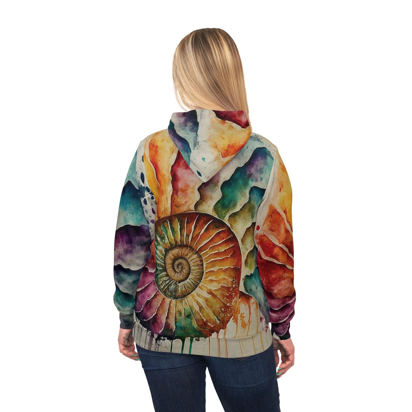 Colorful Unisex Watercolor Ammonite Nature Art Hoodie