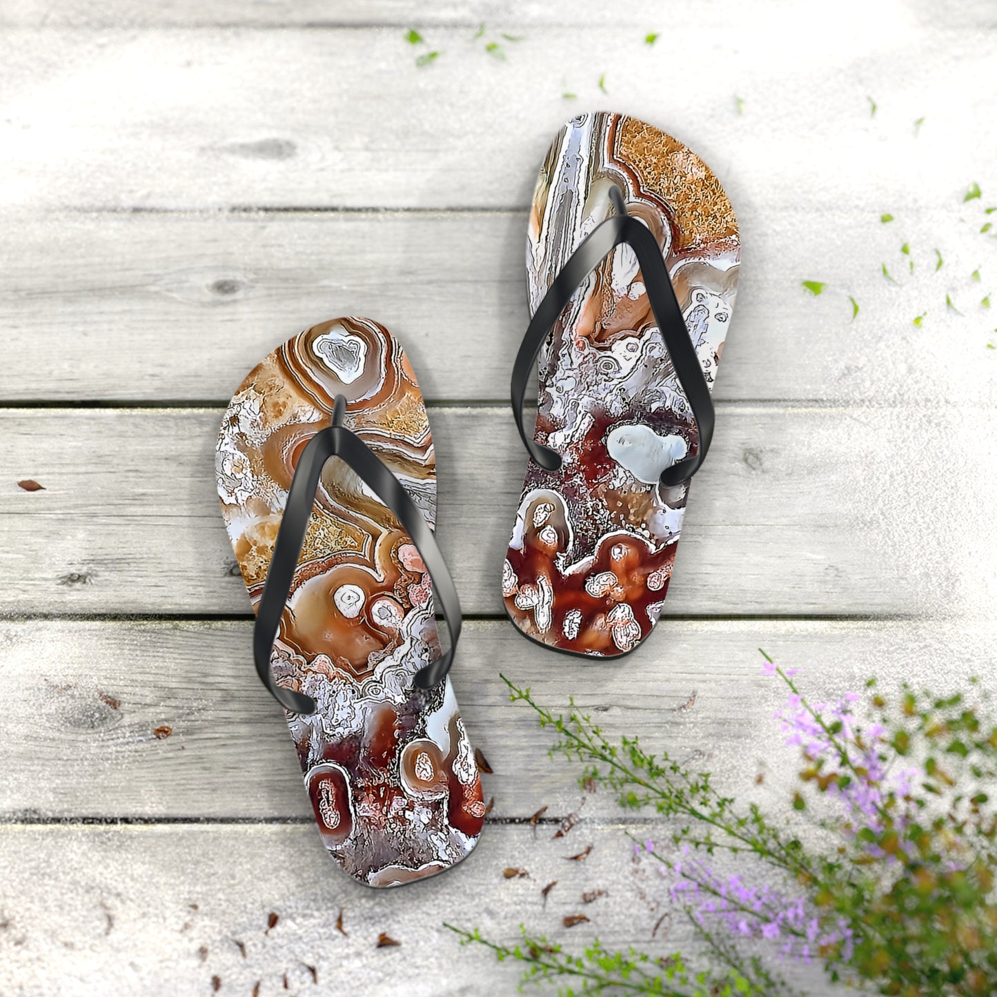 Vibrant Unisex Beachwear Flip Flops With Tie-dye Like Lacy Agate Patterns