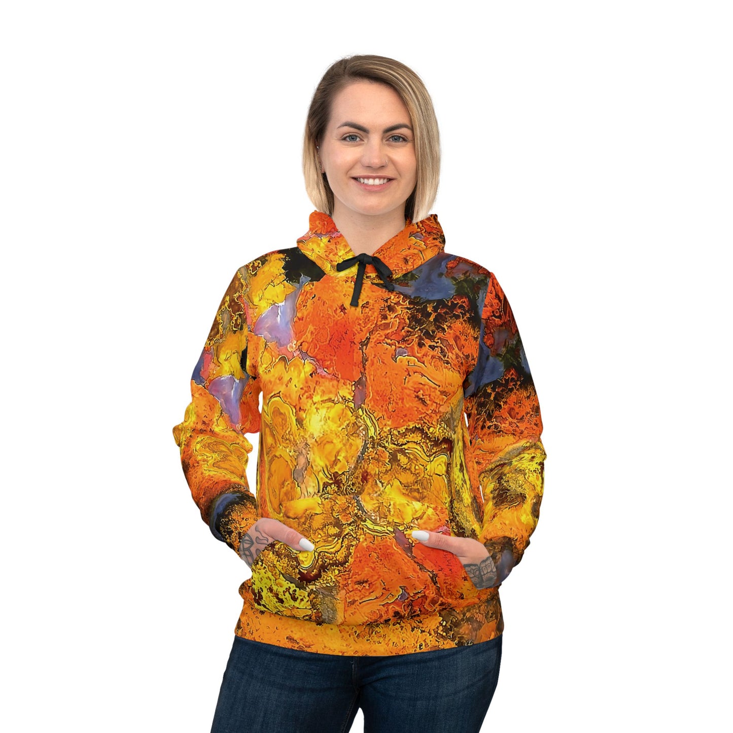 Vibrant rock art hoodies – Unique unisex custom hooded sweatshirt with a colorful polished stromatolite agate tie dye like patterns for men and women