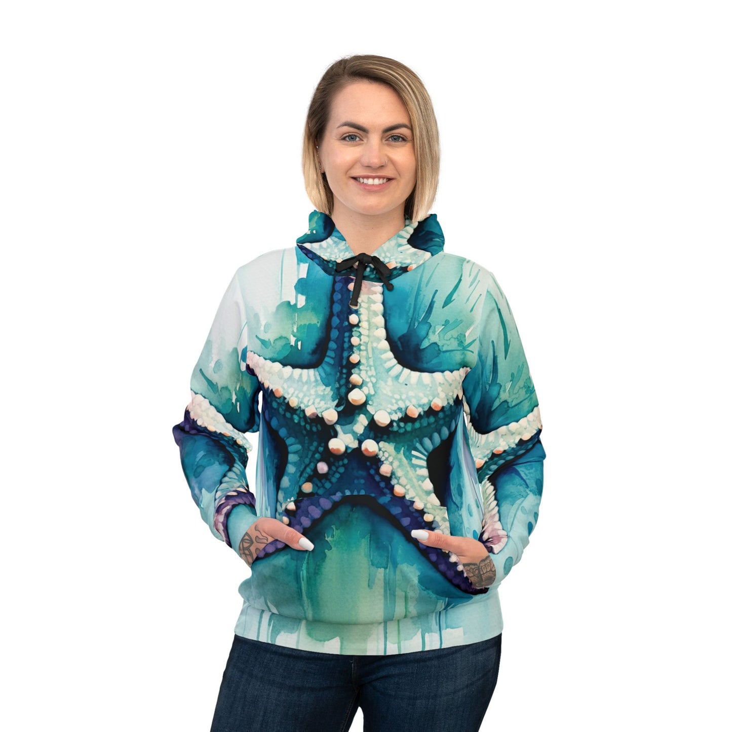 Colorful Unisex Watercolor Starfish Beach Art Hoodie