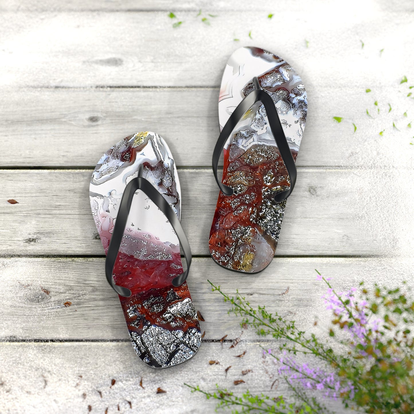 Vibrant Unisex Beachwear Flip Flops With Tie-dye Like Laguna lace agate Patterns