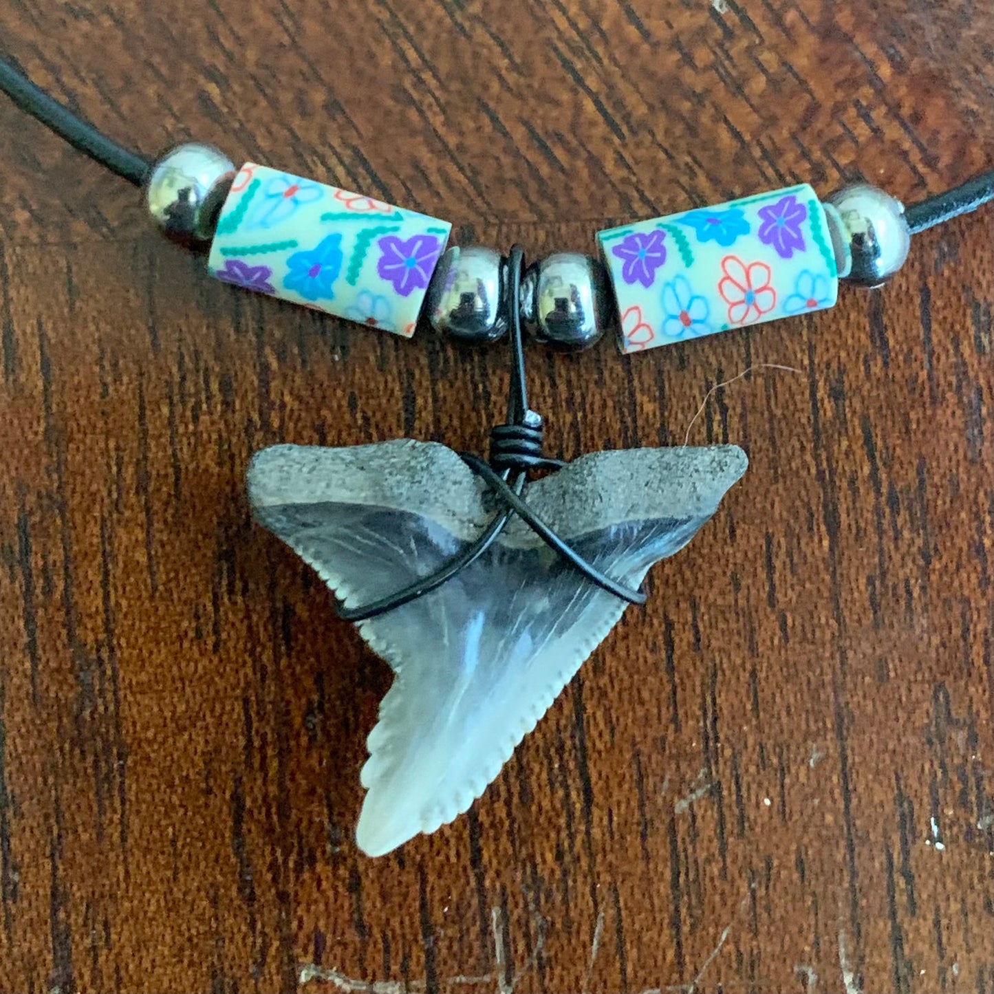 Real fossil Hemipristis serra, snaggle shark tooth necklace on black cord, shark tooth pendant