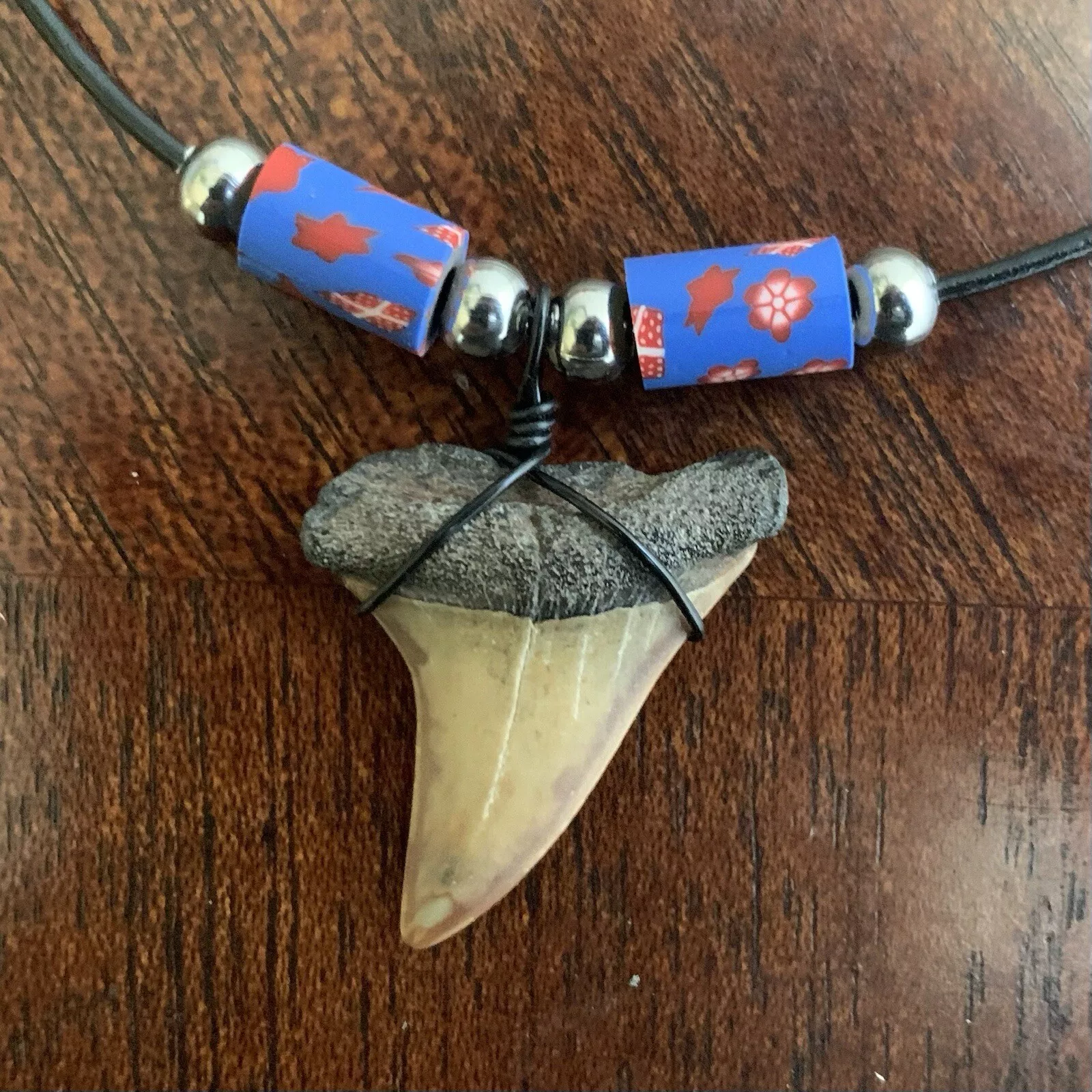 Real shark tooth necklace made from a fossil lesser white shark tooth pendant wrapped with black wire, hung on a black cotton cord with colorful beads