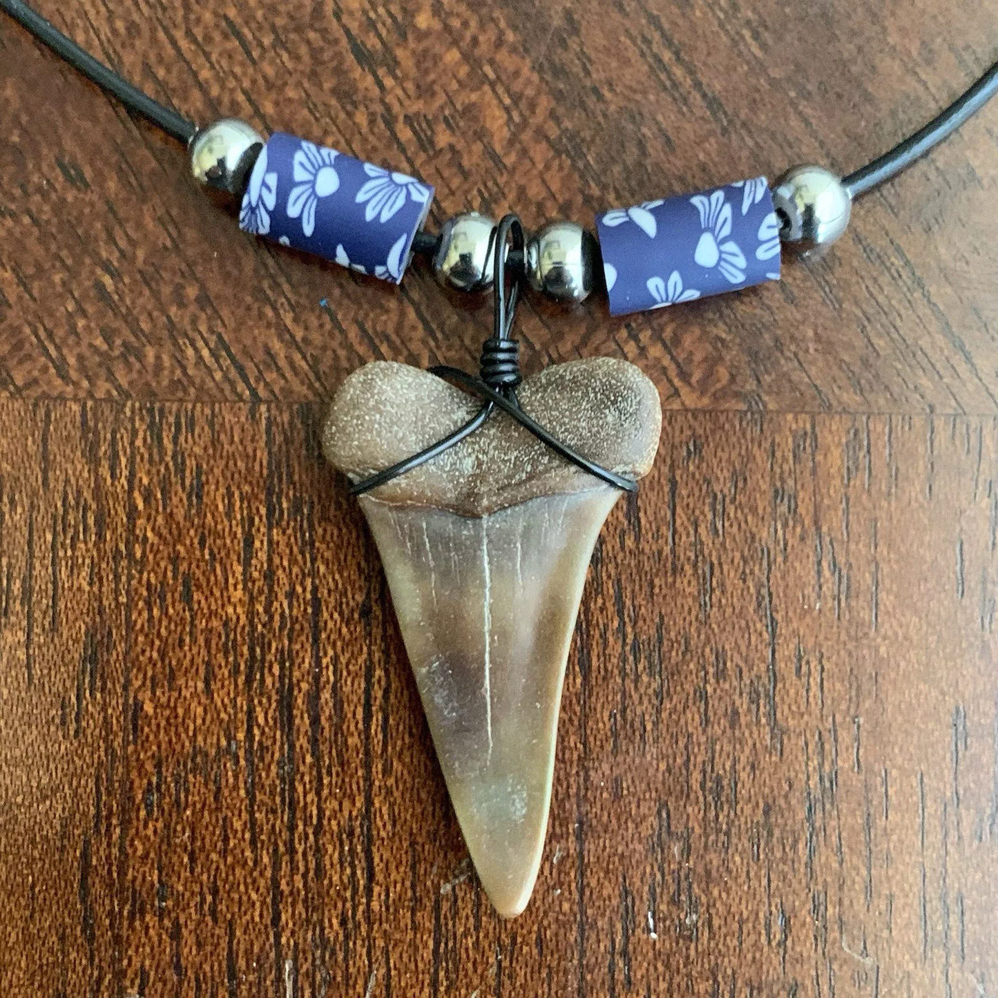 Real fossil Carcharodon hastalis shark tooth necklace on black cord, shark tooth pendant