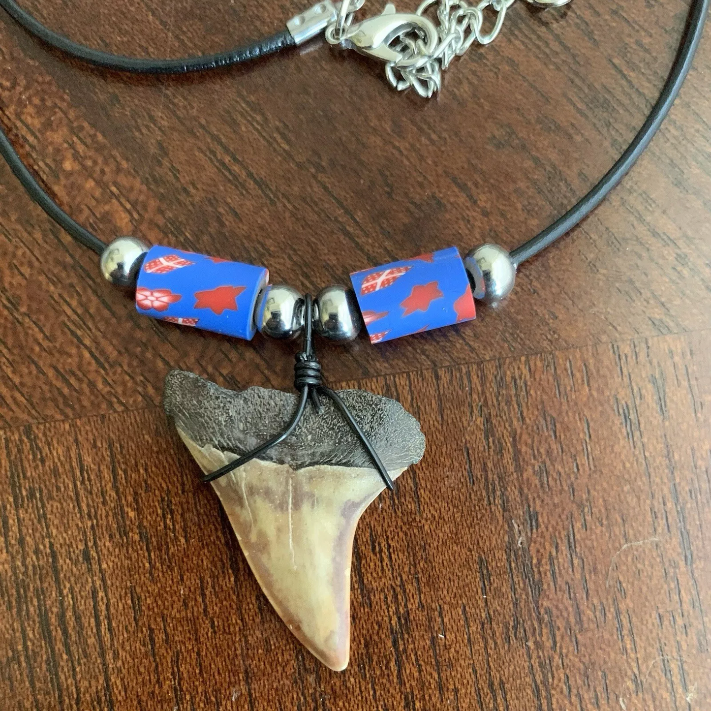 Real fossil Carcharodon hastalis shark tooth necklace on black cord, shark tooth pendant