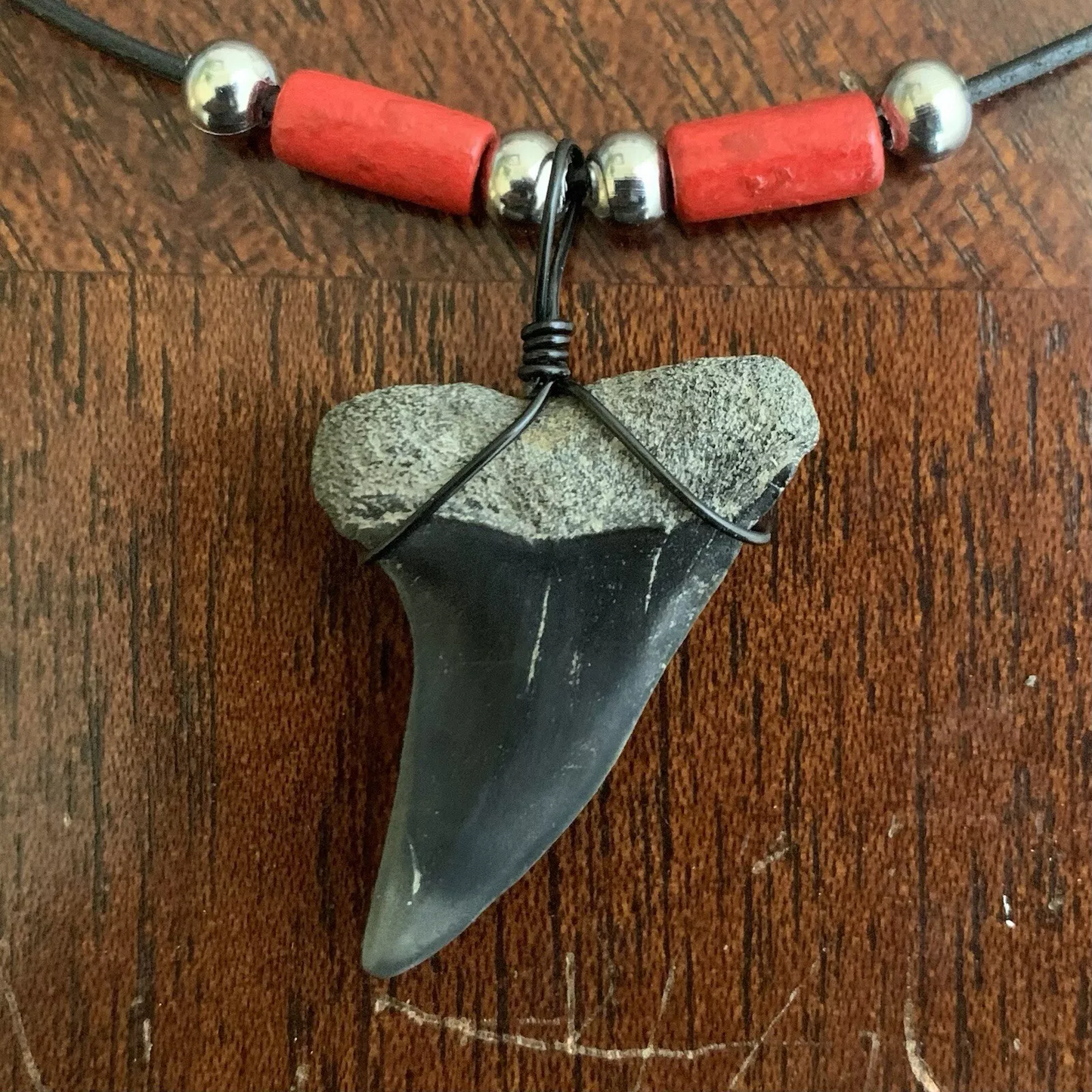 Real fossil Carcharodon hastalis shark tooth necklace on black cord, shark tooth pendant