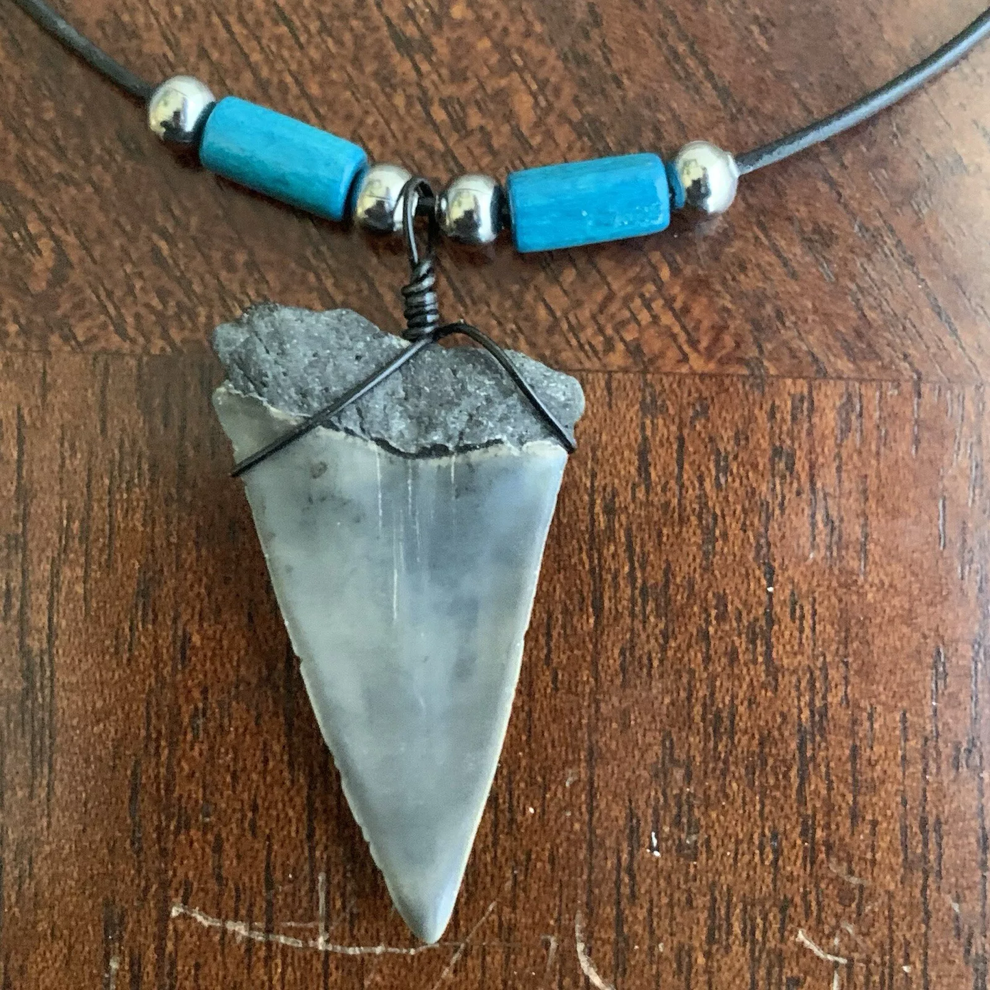 Real fossil Carcharodon hastalis shark tooth necklace on black cord, shark tooth pendant