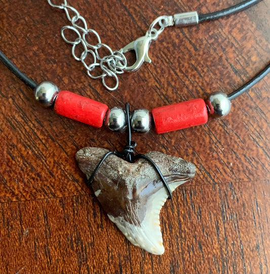 Real shark tooth necklace made from a fossil snaggle shark tooth pendant wrapped with black wire, hung on a black cotton cord with colorful beads