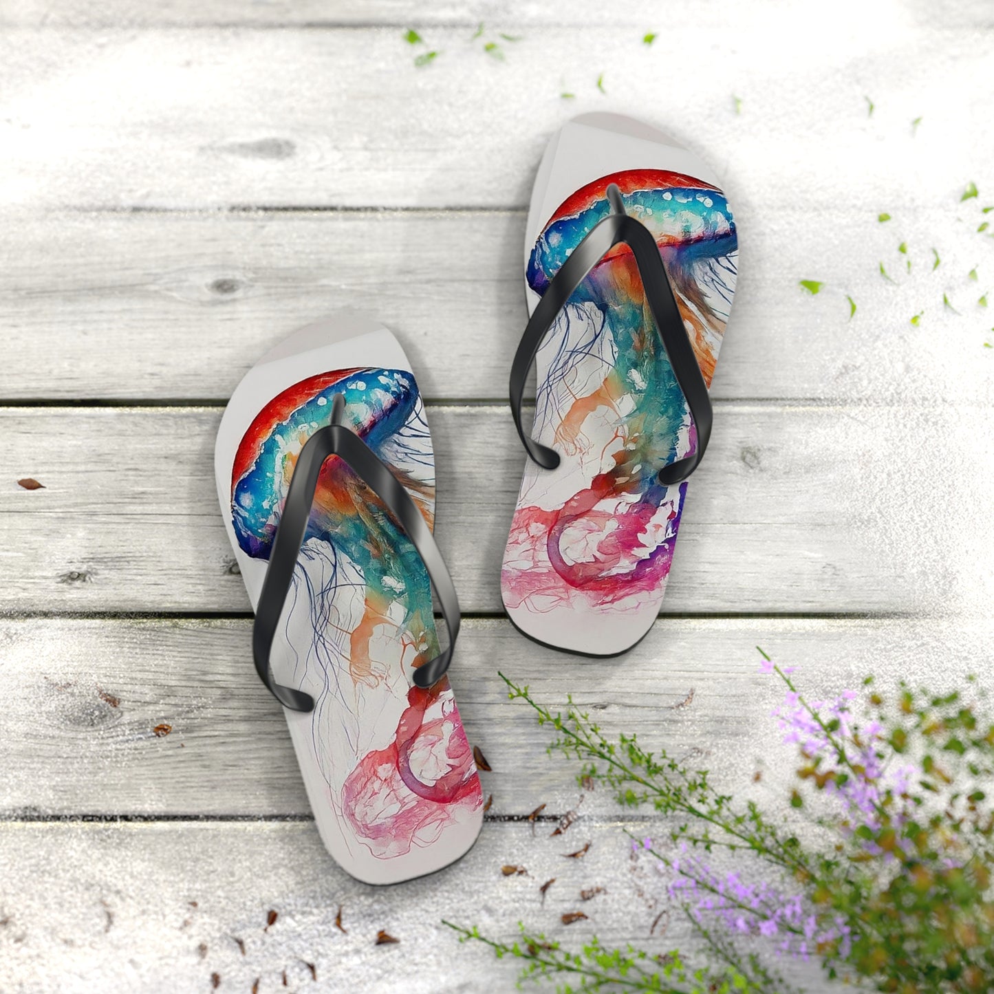 Vibrant Unisex Beachwear Flip Flops With Watercolor Jellyfish