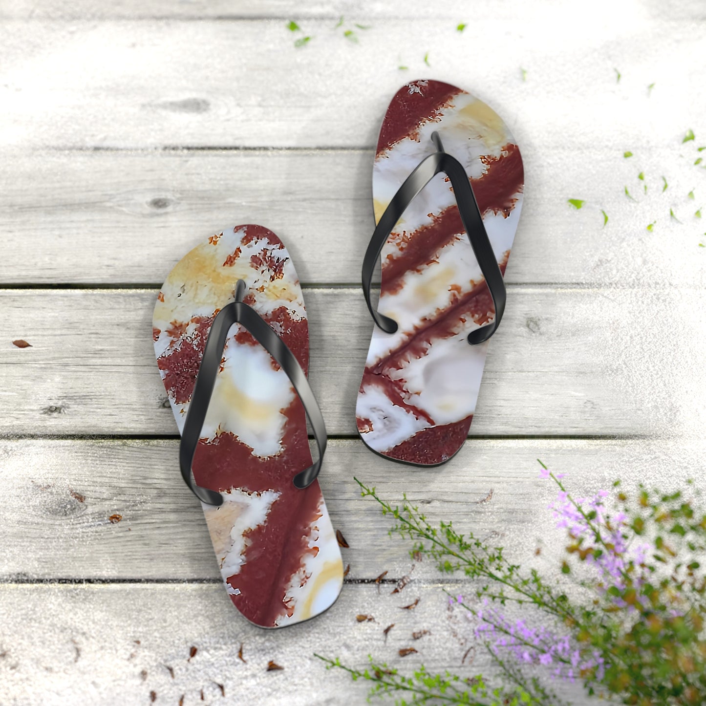 Vibrant Unisex Beachwear Flip Flops With Tie-dye Like Sonora Dendritic Jasper Patterns