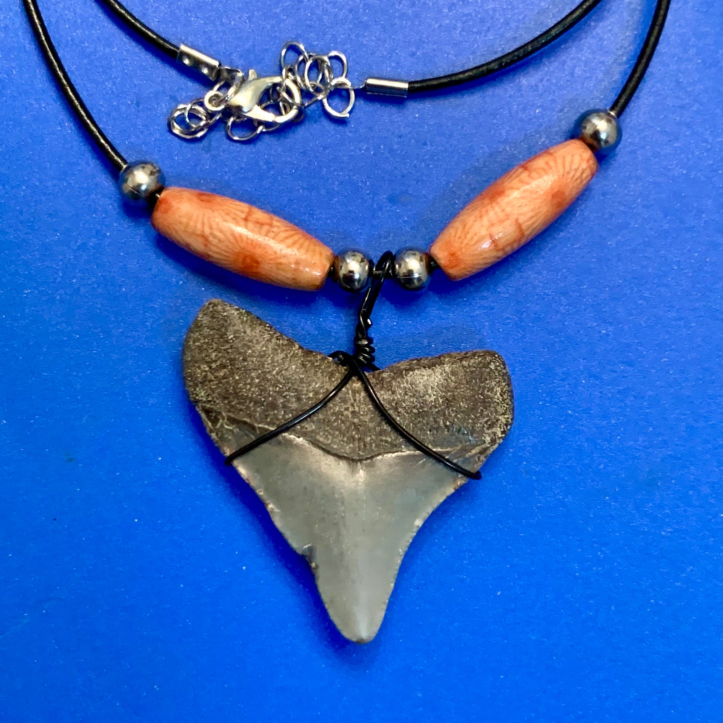 Real fossil megalodon shark tooth necklace on black cord, shark tooth pendant