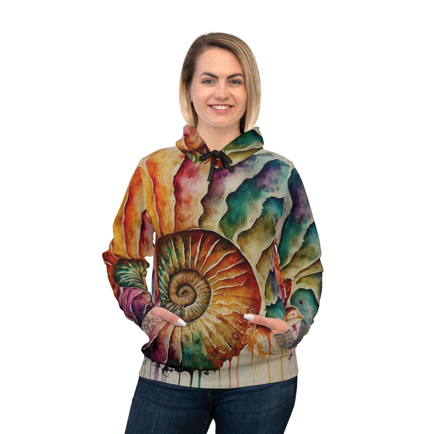 Colorful Unisex Watercolor Ammonite Nature Art Hoodie