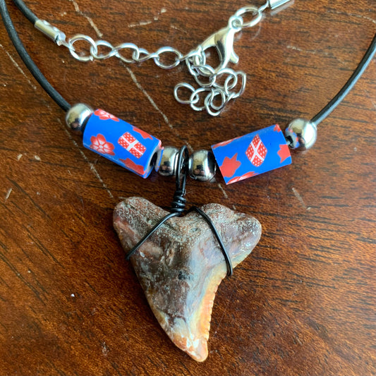 Real shark tooth necklace made from a fossil snaggle shark tooth pendant wrapped with black wire, hung on a black cotton cord with colorful beads