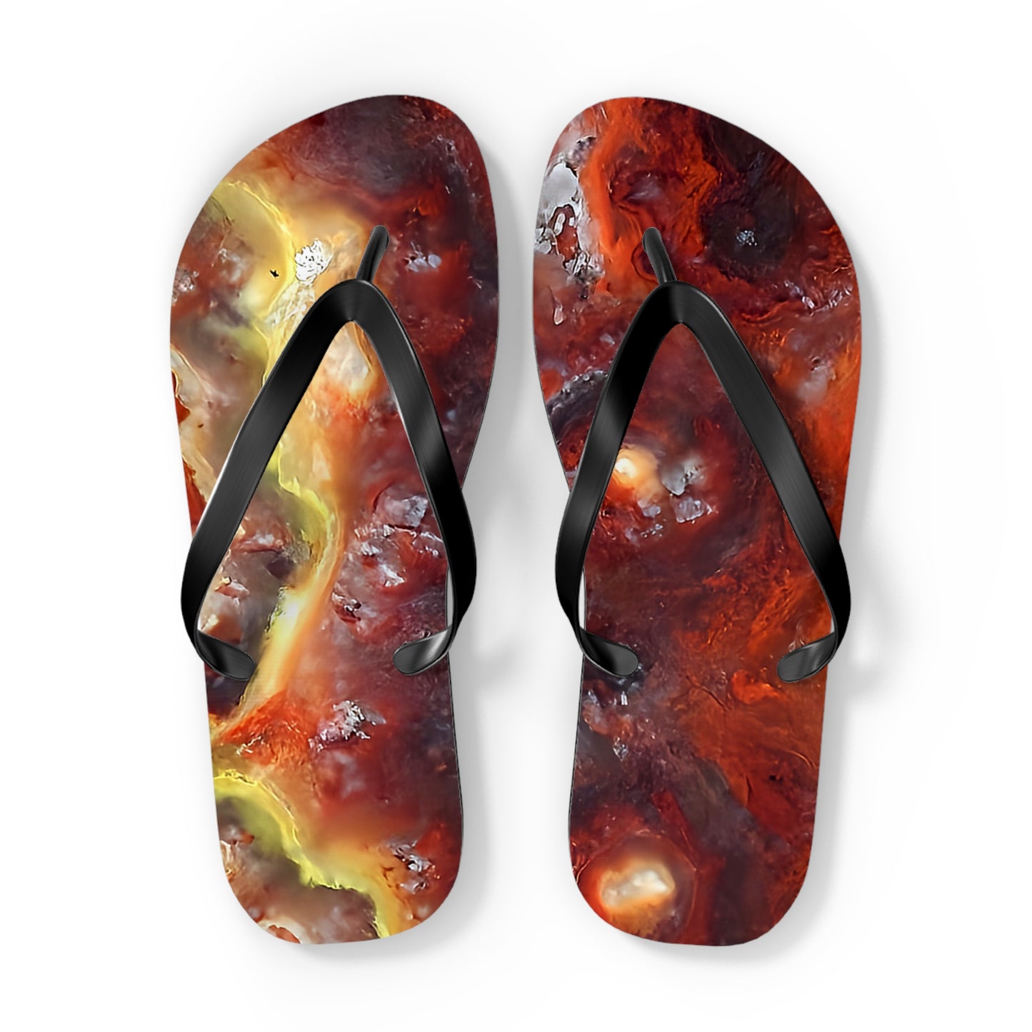 Vibrant Unisex Beachwear Flip Flops With Tie-dye Like Wildfire Hyalite Bubble Opal Patterns