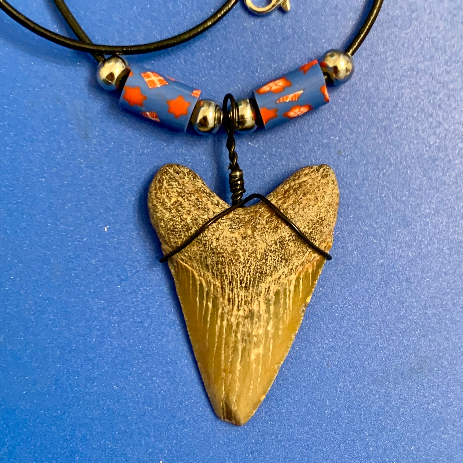 Real shark tooth necklace made from a fossil megalodon shark tooth pendant wrapped with black wire, hung on a black cotton cord with colorful beads