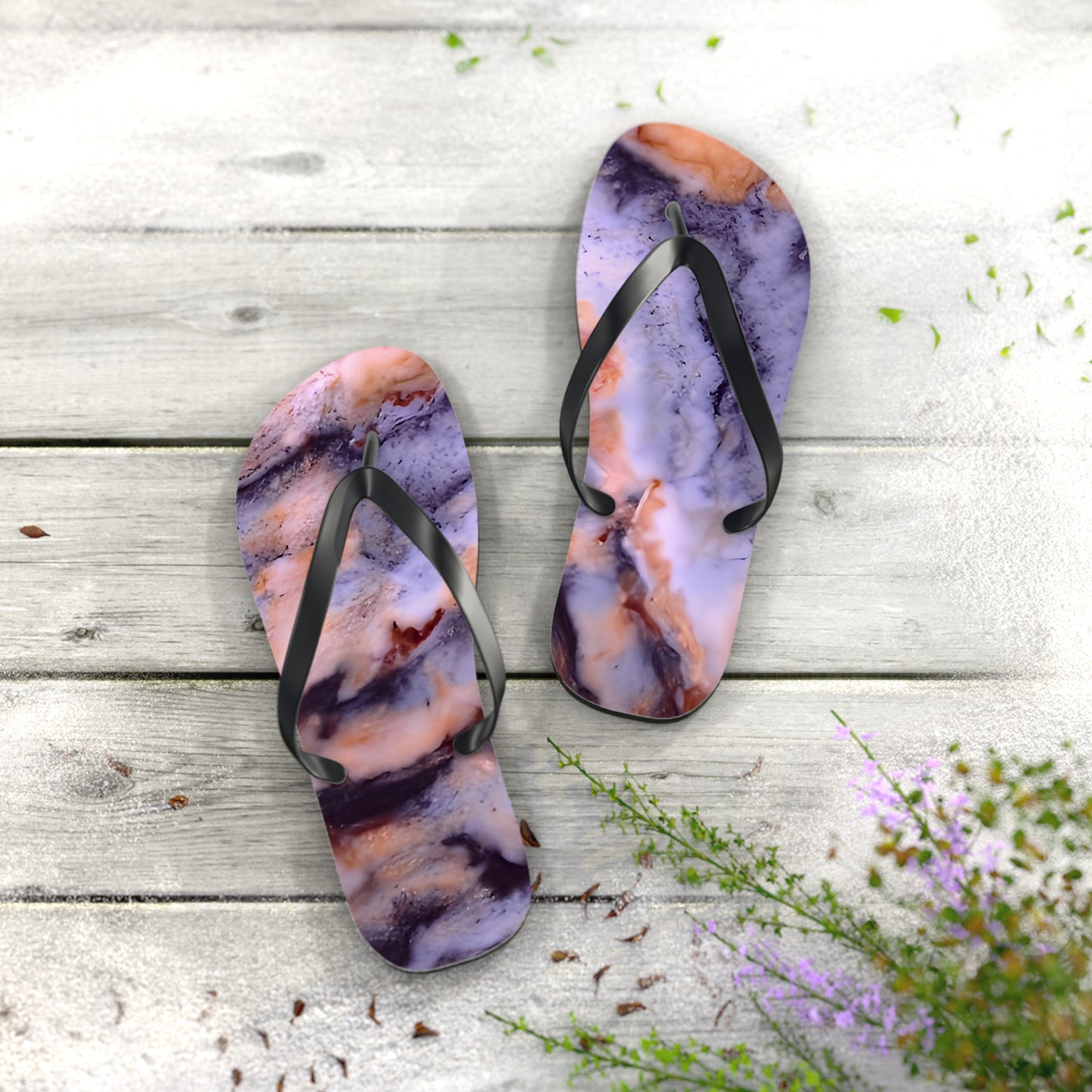 Vibrant Unisex Beachwear Flip Flops With Tie-dye Like Fossil Bog Jasper Patterns